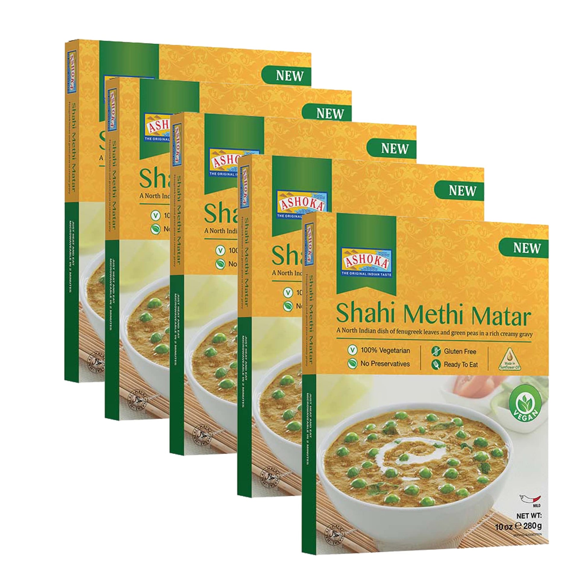 ASHOKA Ready to Heat Vegan Curry, Shahi Methi Matar, 10 oz, Gluten-Free, Kosher Certified, Pack of 5