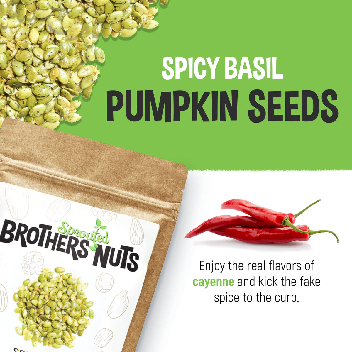 Brothers Sprouted Nuts Spicy Basil Pumpkin Seeds Gluten-Free Vegan Snacks 2 oz