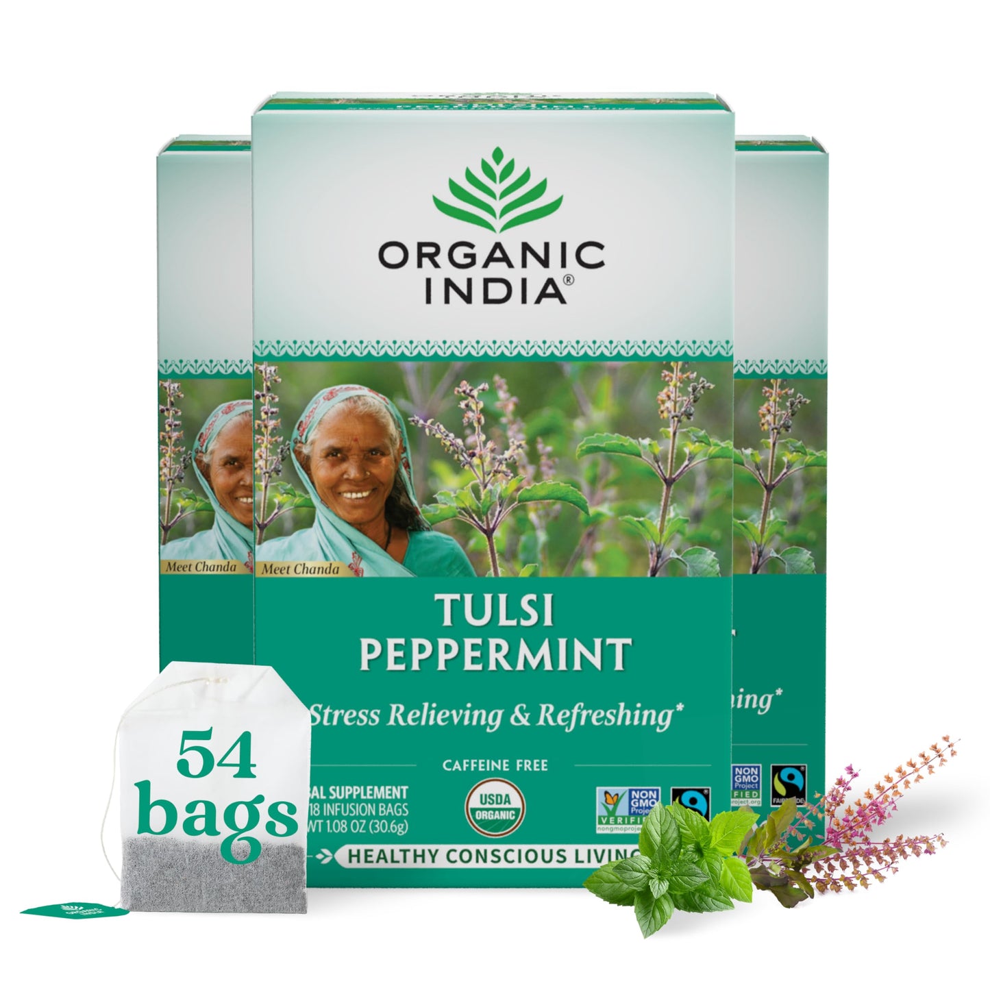 ORGANIC INDIA Tulsi Peppermint Tea - Caffeine Free Herbal Mint - 18 Infusion Bags, 3 Pack - Vegan, USDA Organic, Fairtrade