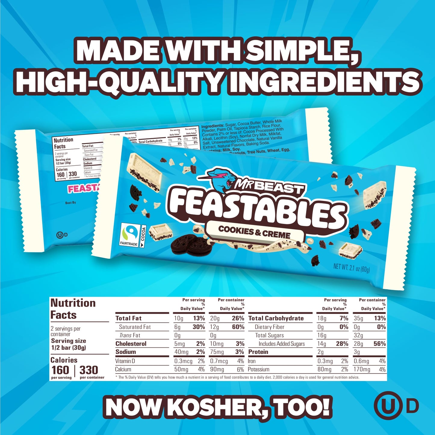 Feastables Mrbeast Milk & Cookies Pack, King Size Milk Chocolate & Cookies & Creme Bars, 10 Each, Candy Bars For Mature-Themeds & Kids As Snacks, Gifts, Or Dessert, Fairtrade Cocoa, 2.1 Oz Each, 20 Count