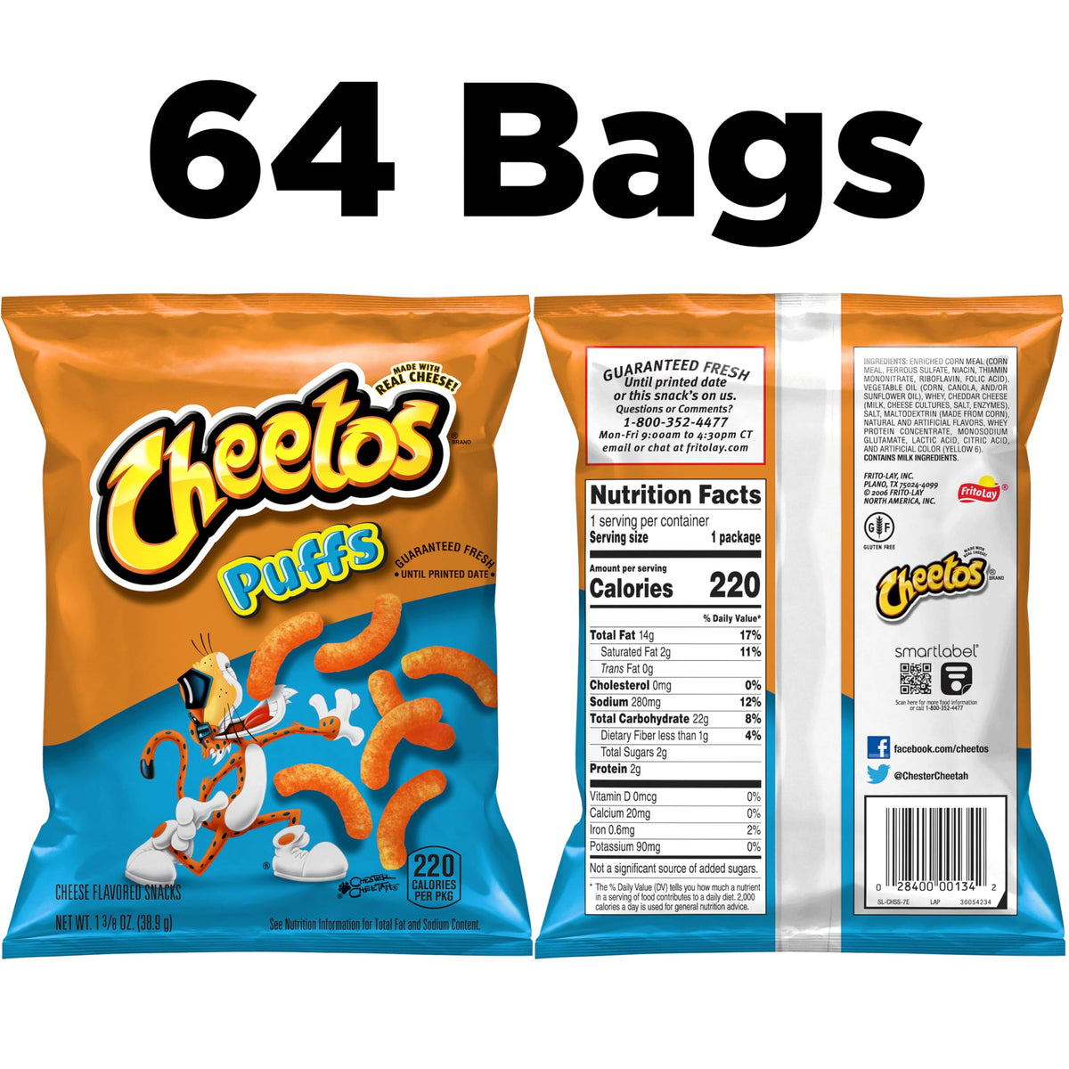 Cheetos Cheese Flavored Snacks, Puffs, 1.375 Ounce (Pack Of 64)