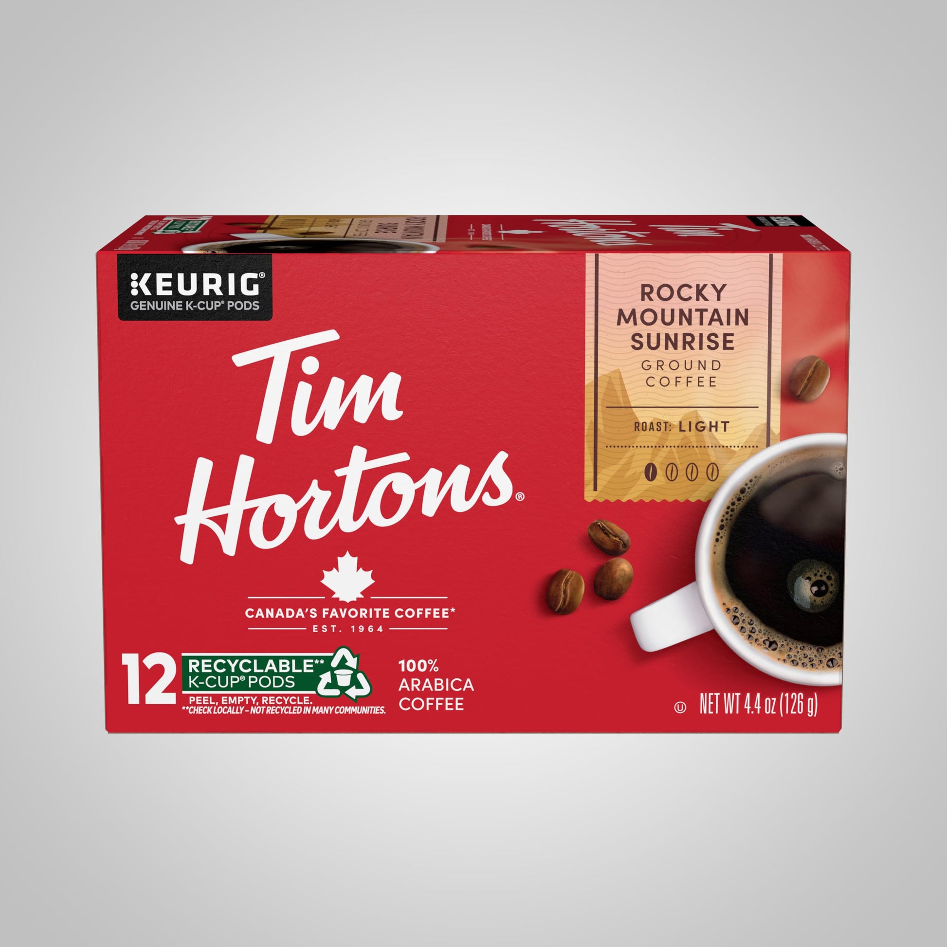 Tim Hortons 12ct KCUPs Light Roast Rocky Mountain Sunrise 100% Arabica Coffee Pack of 1