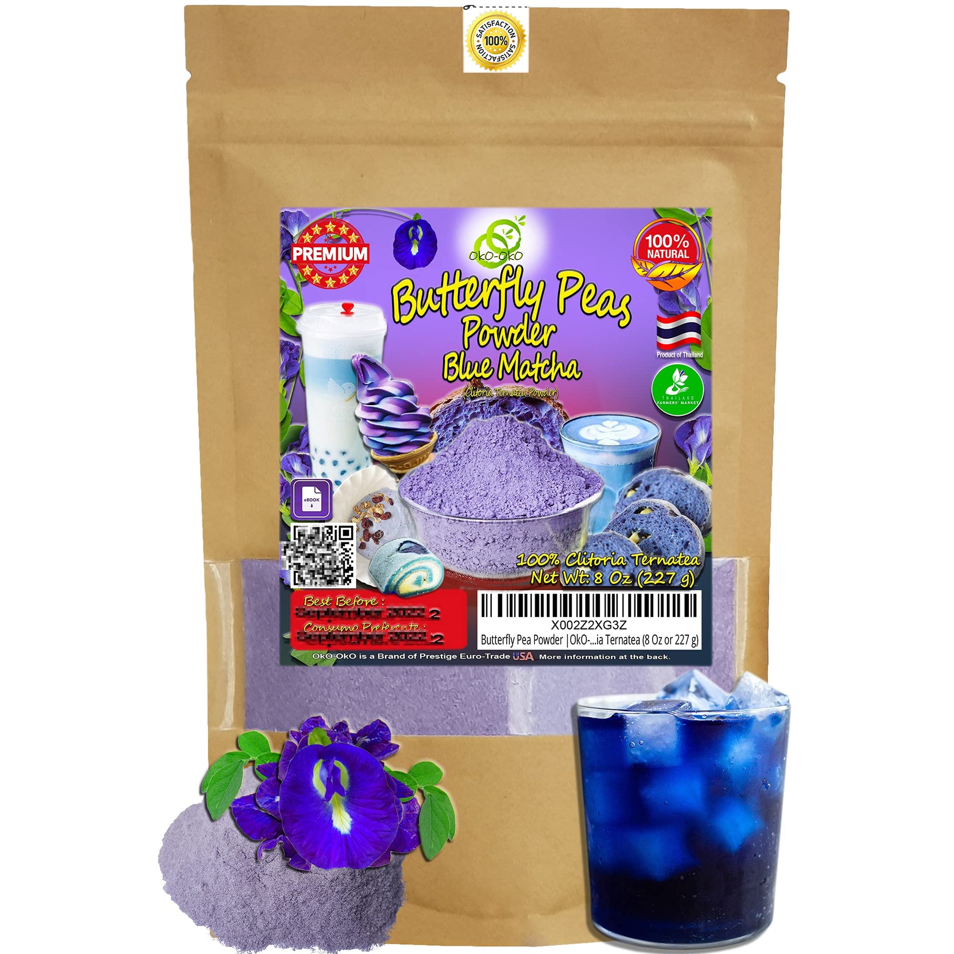 oko-oko Blue Matcha Butterfly Pea Powder 8 Oz - 100% Natural, Organic Vegan Food Coloring