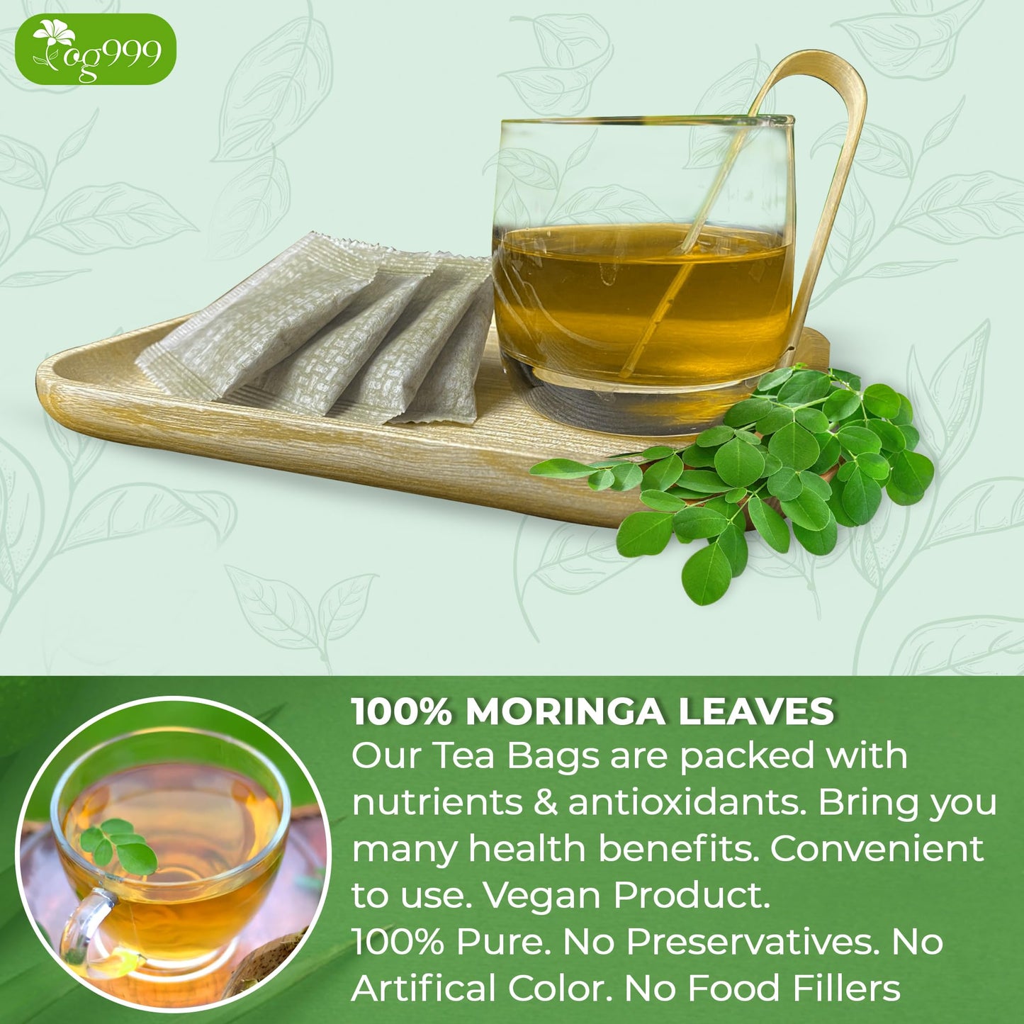 TOG999 Moringa Leaf Herbal Tea Bags, 100% Natural, Caffeine-Free, Vegan, 30 Bags