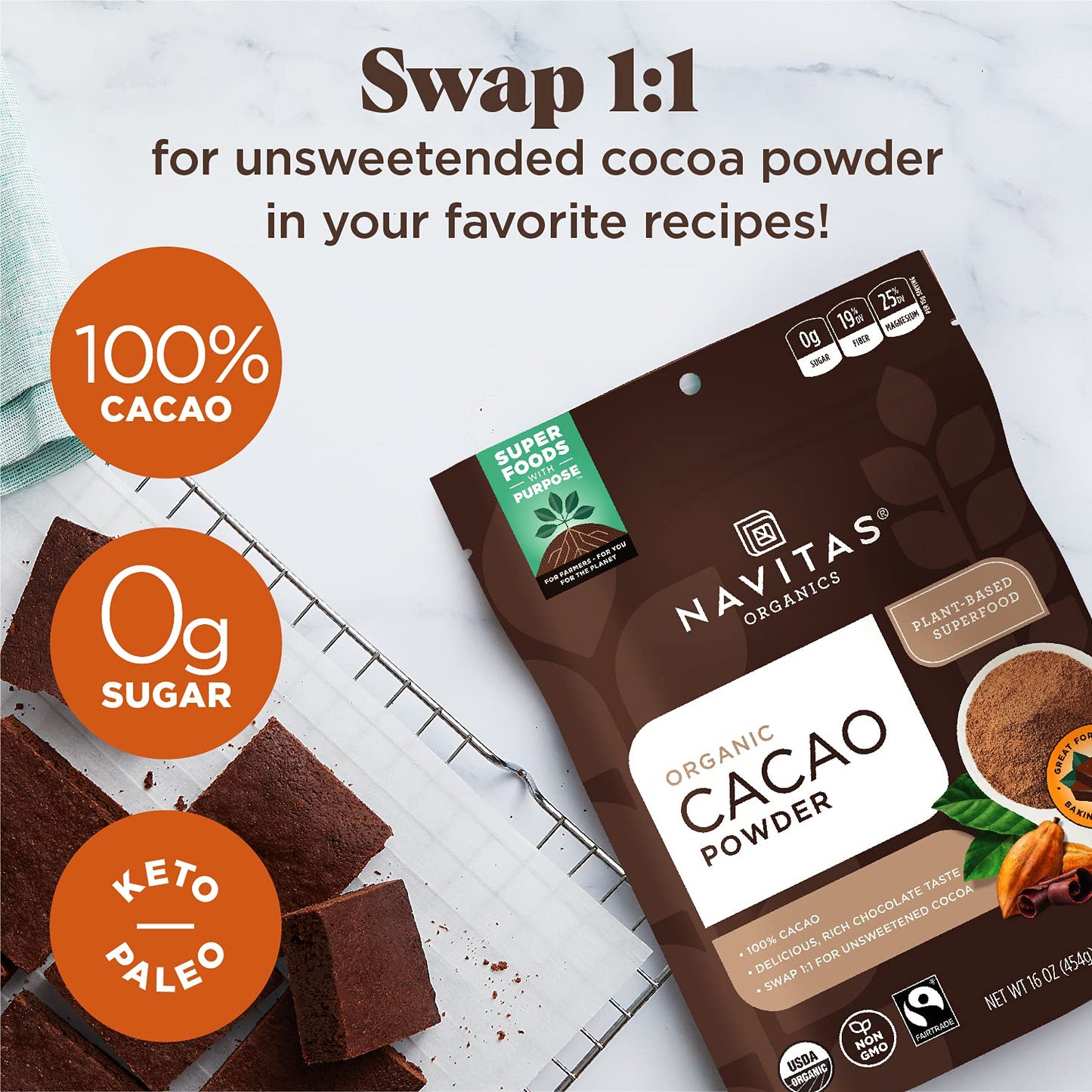 Navitas Organics Cacao Powder, Organic, Non-GMO, Fair Trade, 16 oz. Bags (Pack of 2), Model 19-002