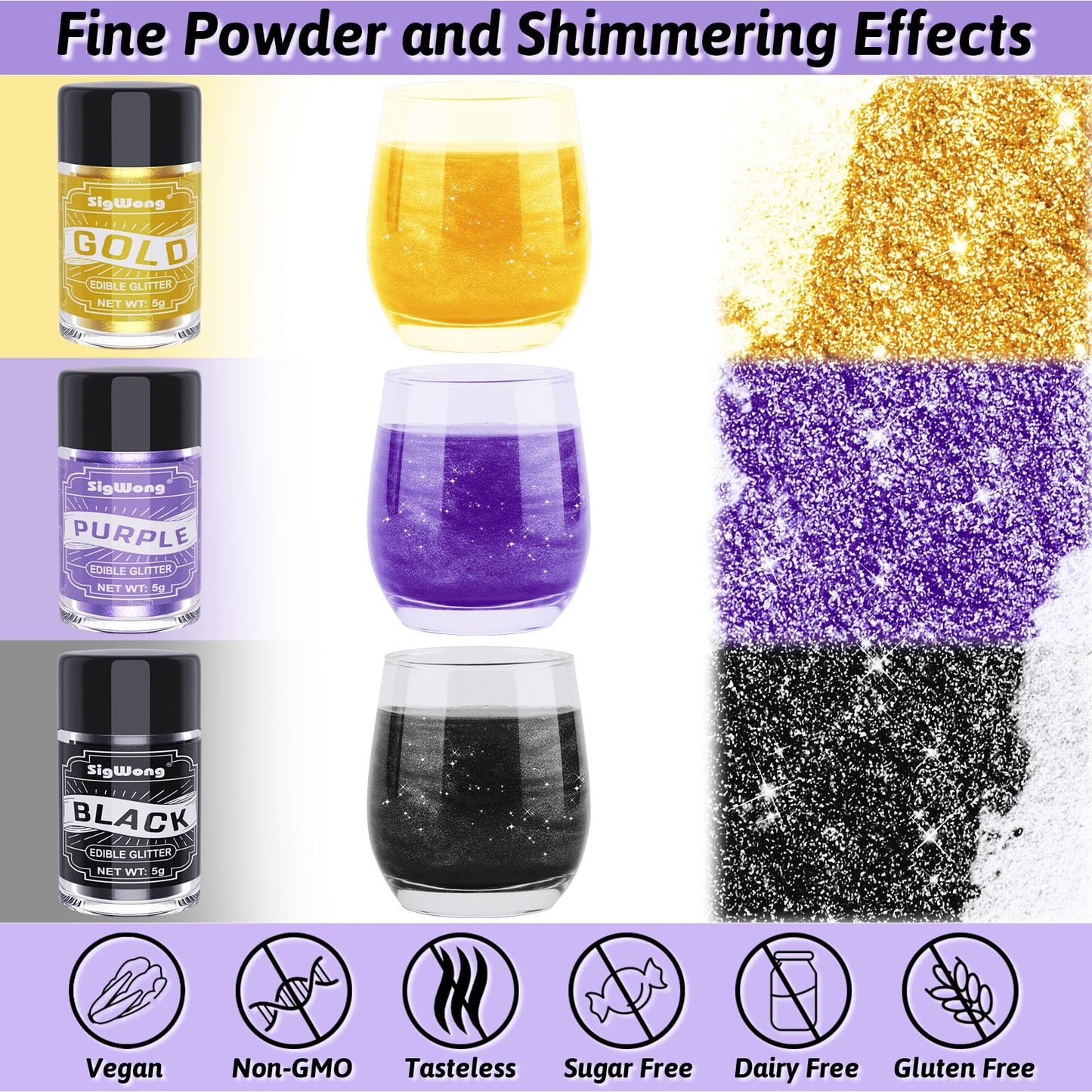 SigWong Edible Glitter Set, 3 Colors Luster Dust, Food Grade Metallic Sprinkles, 5g - Black, Purple, Gold