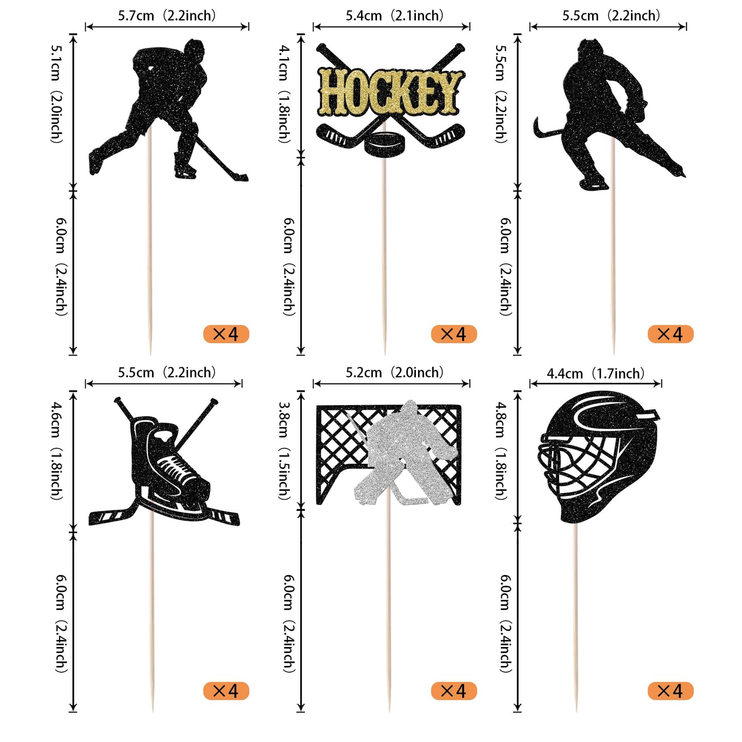 Rssta i Hockey Cupcake Toppers, 24 Pack, Black Glitter, Ice Hockey Theme Decorations for Birthday Party, Model XM544-Black