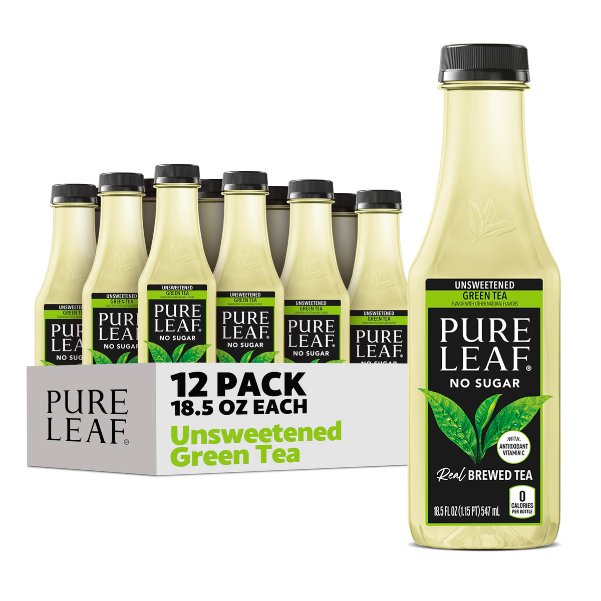 Pure Leaf Iced Tea, Unsweetened Green Tea, 18.5 fl Oz Bottles (Pack of 12)