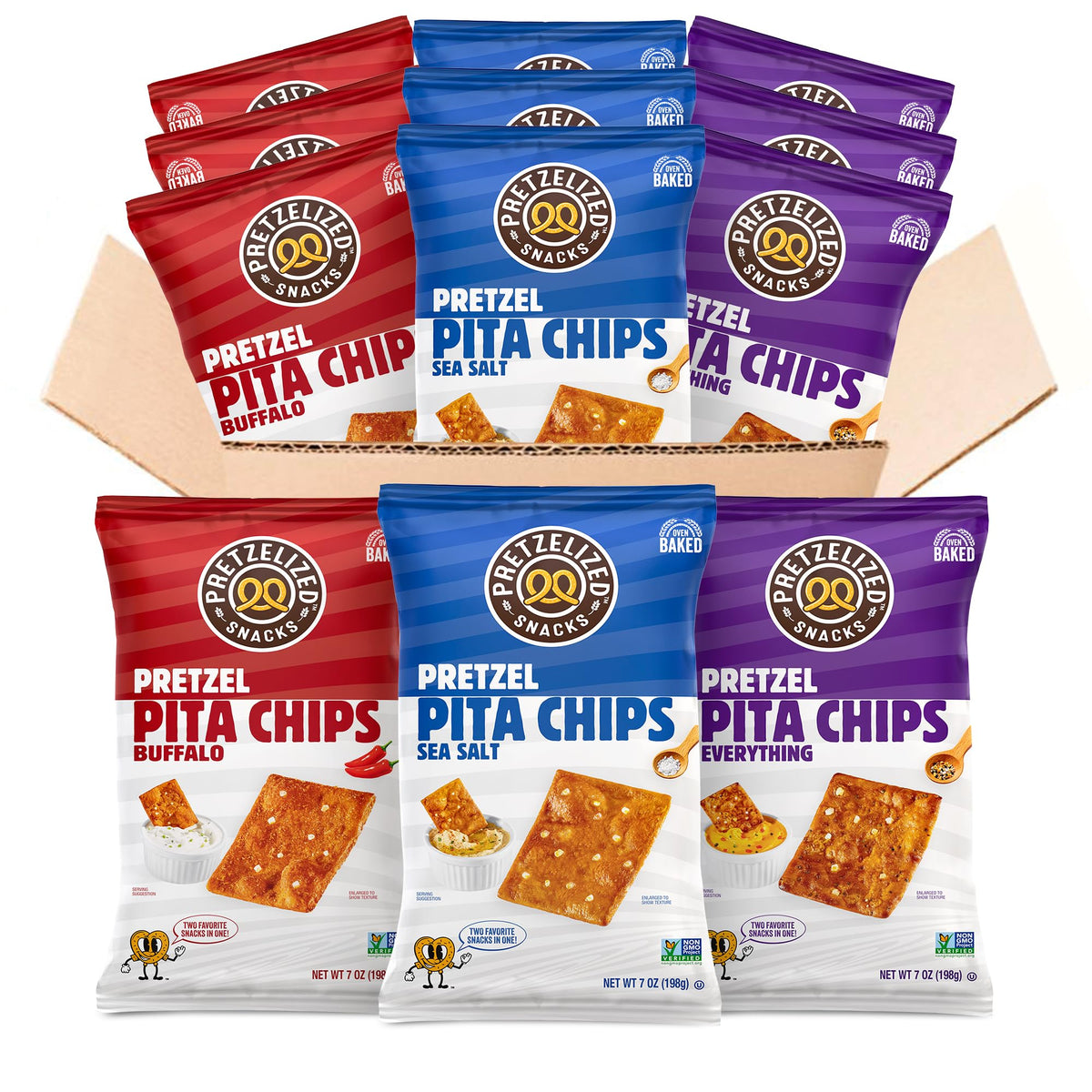 PRETZELIZED Snacks Pretzel Pita Chips Variety Pack - Sea Salt, Everything, Buffalo - 12 Pack, 7 Ounce Each