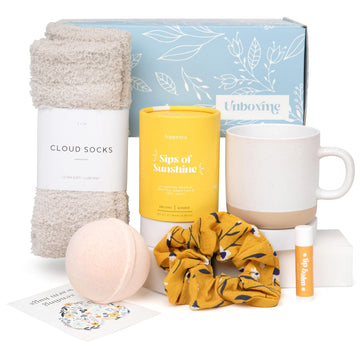 Unboxme Sunshine Gift For Women | Self Care Package With Organic Herbal Tea, Fluffy Cloud Socks, Ceramic Mug, Citrus Bath   , Beeswax Lip Balm, A Fun Floral Scrunchie + A Sending Hugs Card