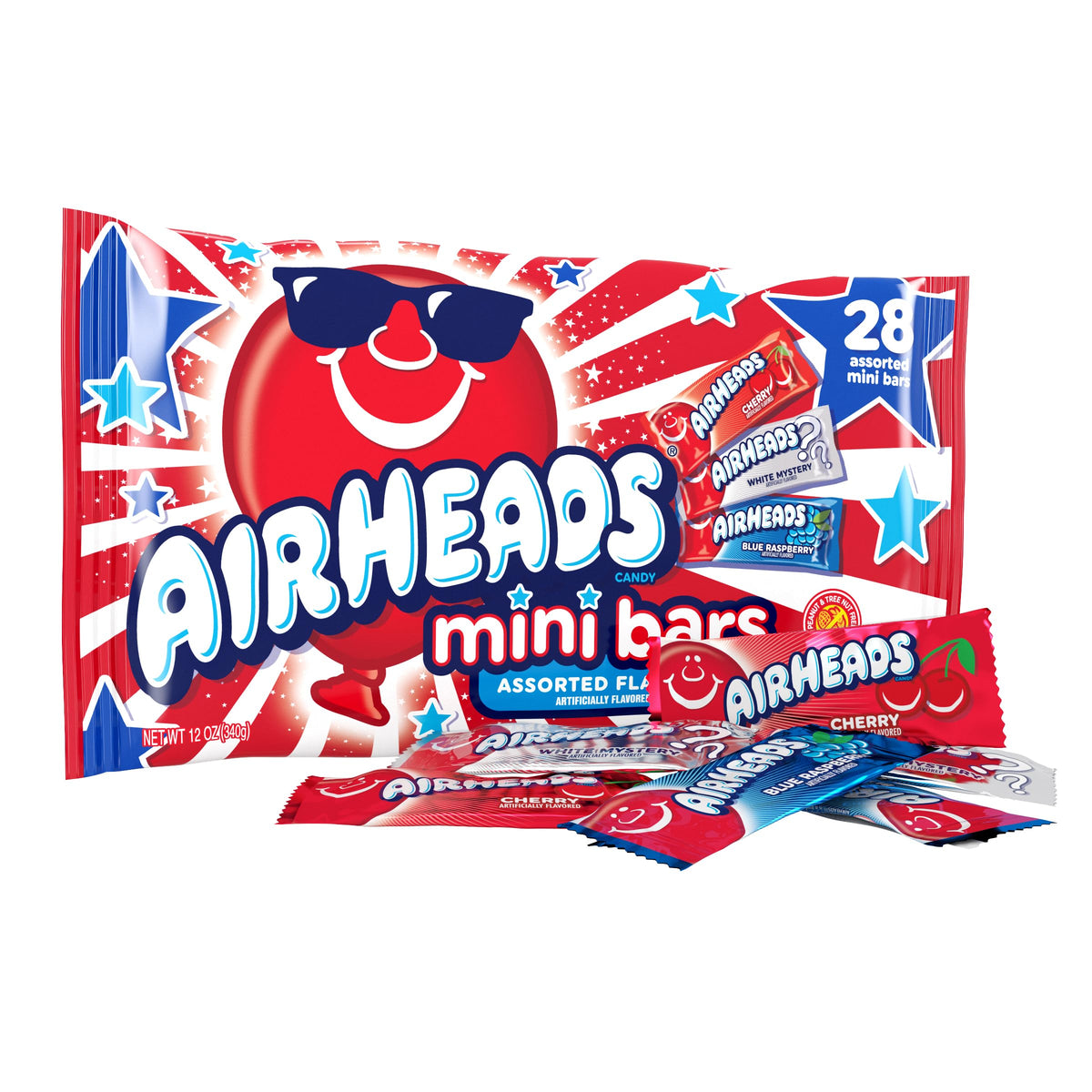 Airheads Mini-Size Bars Red, White & Blue, Taffy Candy Assorted Bag, Individually Wrapped Candy, Three Assorted Flavors, 12oz