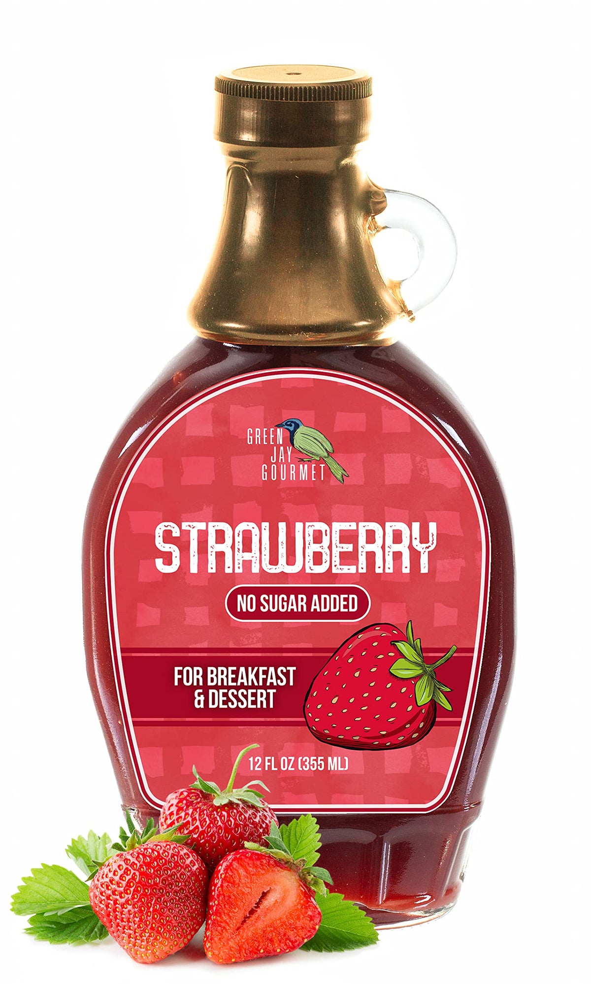 Green Jay Gourmet No Sugar Added Strawberry Syrup - All-Natural, Non-GMO - 12 Ounce
