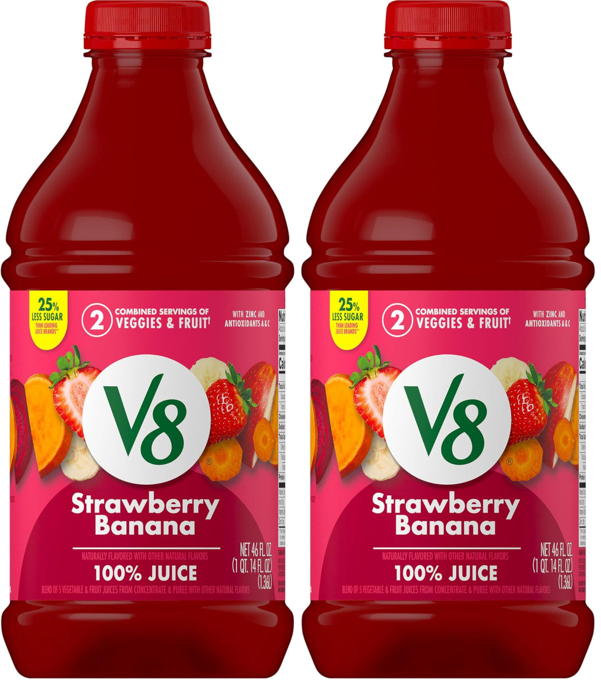 V8 Strawberry Banana Fruit and Vegetable Juice, 46 fl oz | 100% Juice | Pack of 2 | Bottle