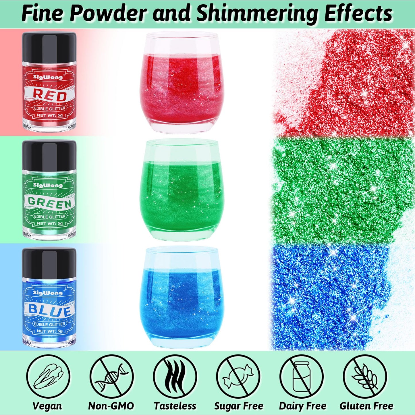SigWong Edible Glitter Set - 3 Colors Luster Dust, Food Grade Metallic Sprinkles, 5g, Vegan, Red+Green+Blue