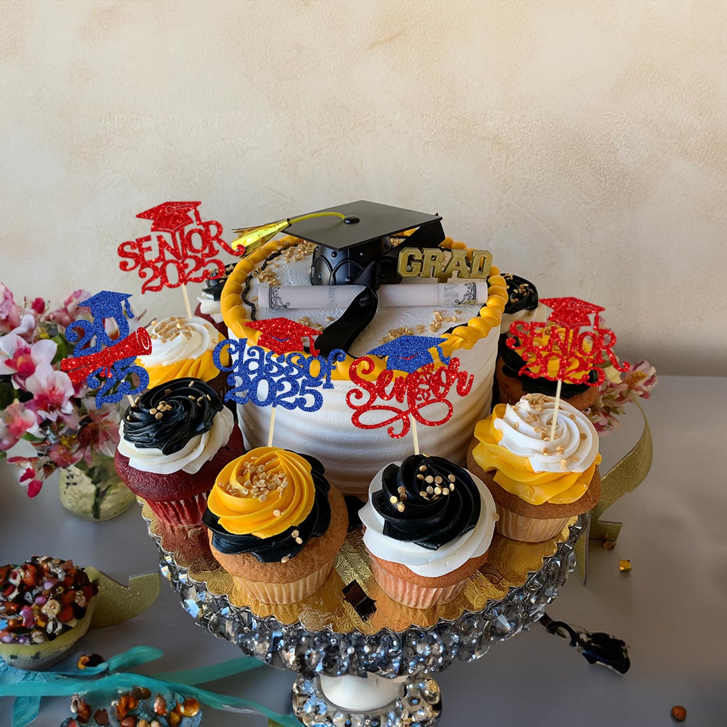 Gyufise Graduation Cupcake Toppers, 24 Pcs, Glitter Design, Class of 2025, Paper, Blue Red