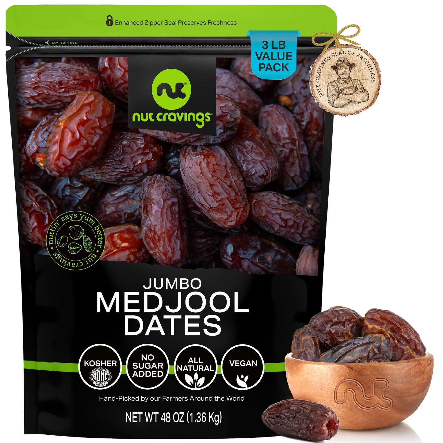 NUT CRAVINGS Dry Fruits - Sun Dried Jumbo Medjool Dates, No Sugar Added (48oz - 3 LB) Packed Fresh in Resealable Bag - Sweet Sna