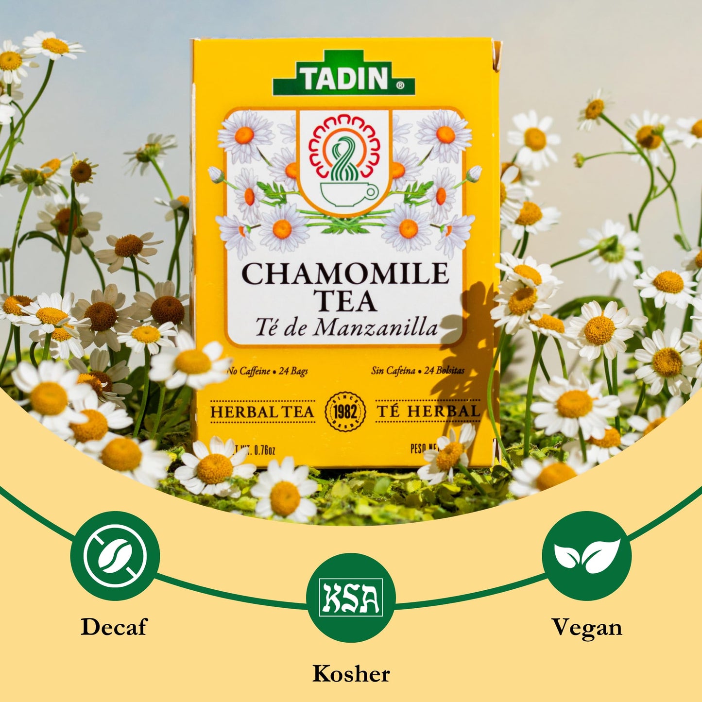 Tadin Chamomile Tea Bags, Herbal, Caffeine Free, 24 Bags Per Box, Pack of 6