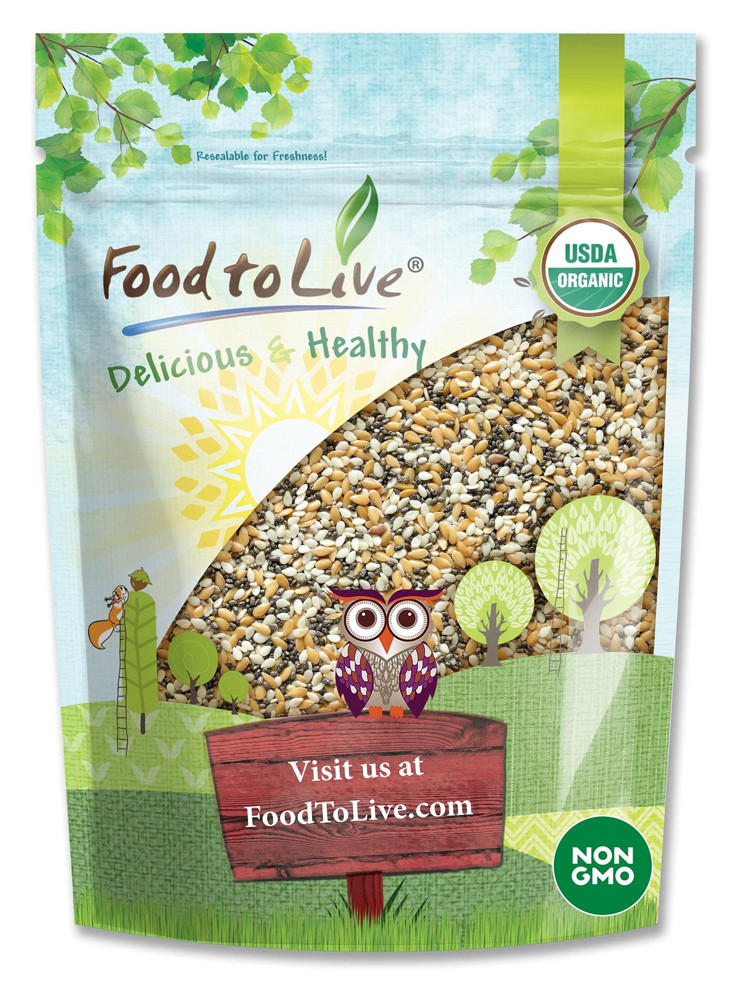 Food to Live Organic Omega-3 Seeds Mix with Flax, Chia and Sesame, 5 Pounds Non-GMO Whole Seeds, Raw, Kosher, Vegan. Rich in Ome