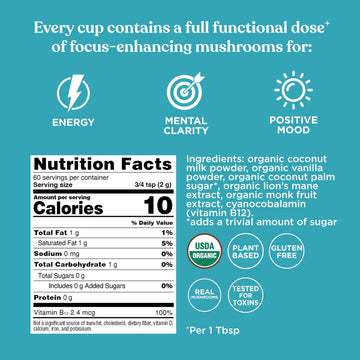 Four Sigmatic Focus Vanilla Coffee Creamer | Organic Non Dairy Coffee Creamer with Lions Mane and Vitamin B12 | Vanilla, 4.23 oz