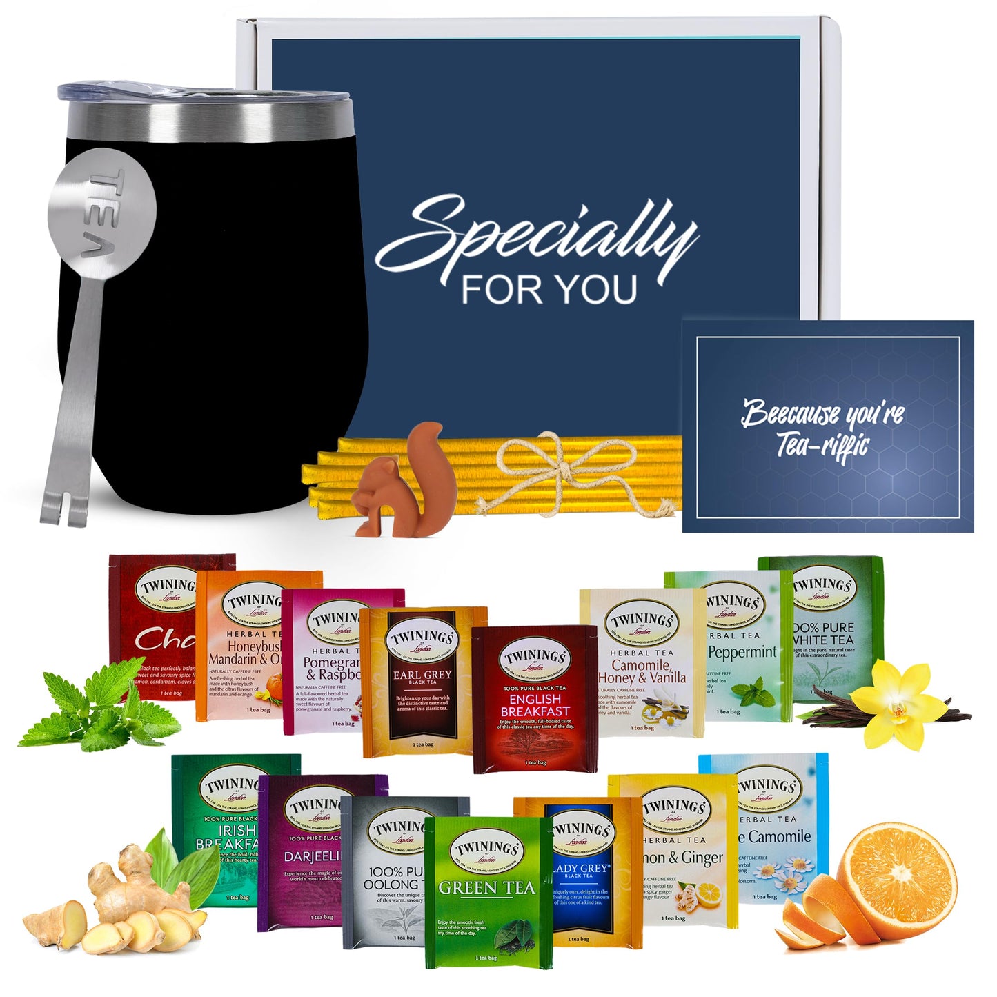 Tea Gift Set For Women And Men – Elegant Tea Sets For Women Gift With 15 Unique Teas, Stainless Steel Tumbler & 10 Honey Straws In Enhanced Box (Black)