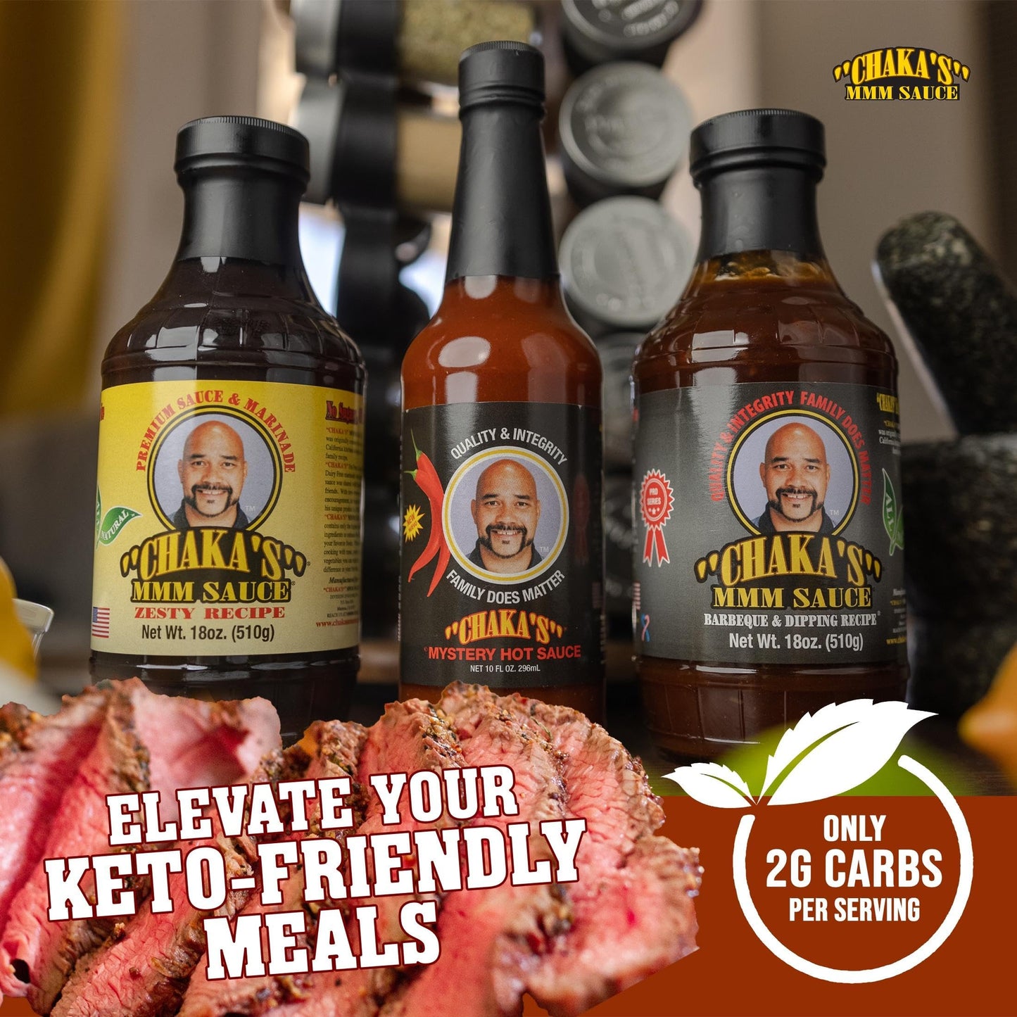 Chakas MMM Sauce Sampler Pack - 4 Sauces: Original Marinade, Zesty Marinade, BBQ, Mystery Hot Sauce - Pack of 4