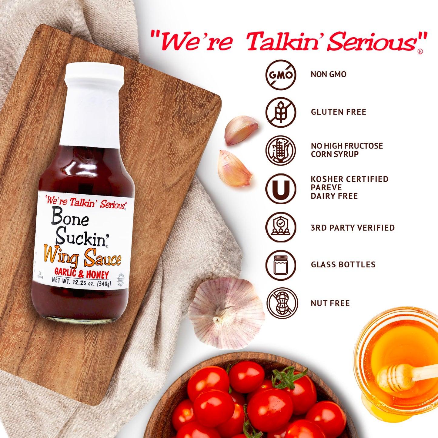 Bone Suckin' Garlic & Honey Wing Sauce, All Purpose Wing Sauce For Chicken Wings, Turkey Wings, Gluten Free, Non Gmo, Kosher, Sw