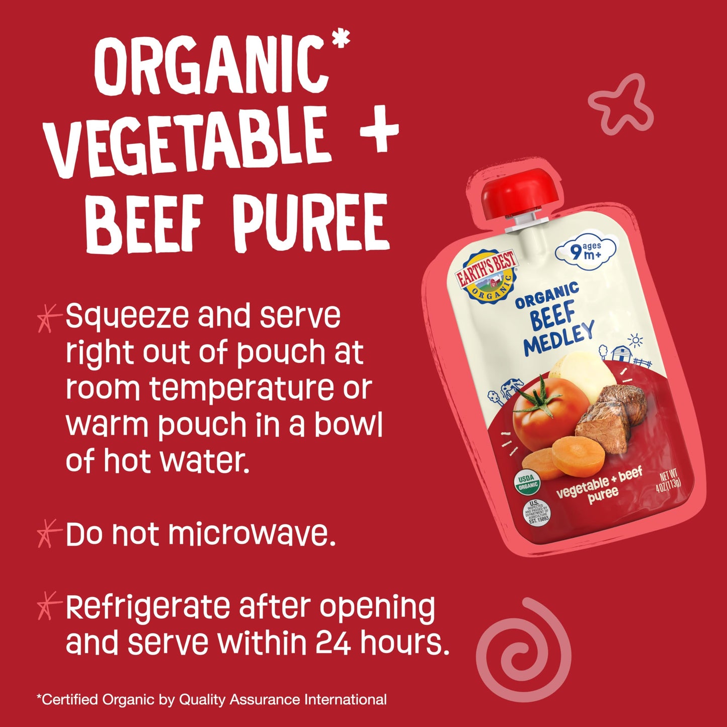 Earths Best Organic Baby Food Pouches, 9+ Months, Beef, Vegetable, And Rice Puree For Babies 9 Months And Up, Organic Beef Medley, 4 Ounce Resealable Pouch (Pack Of 12)