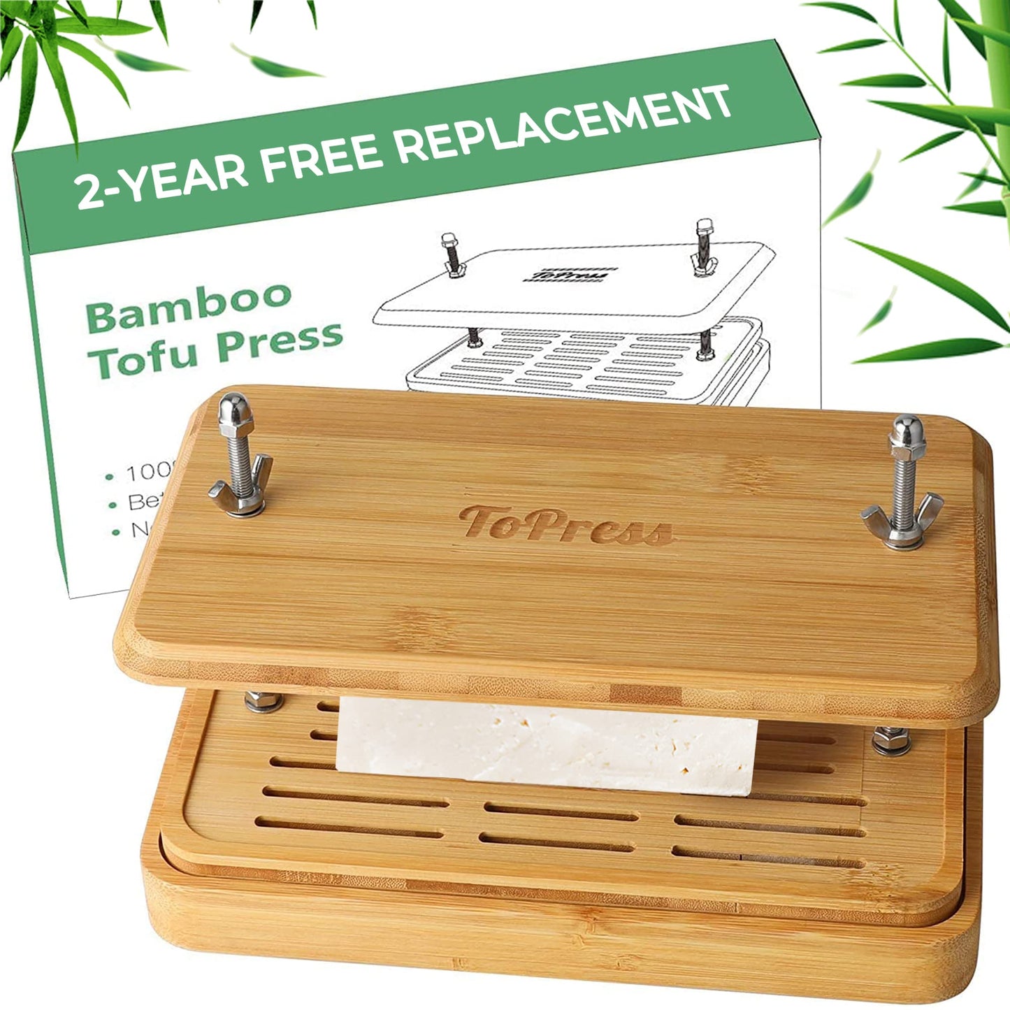YARKOR Bamboo Tofu Press with Built-in Strainer and Drip Tray, 16oz Size, Medium, Bamboo Material