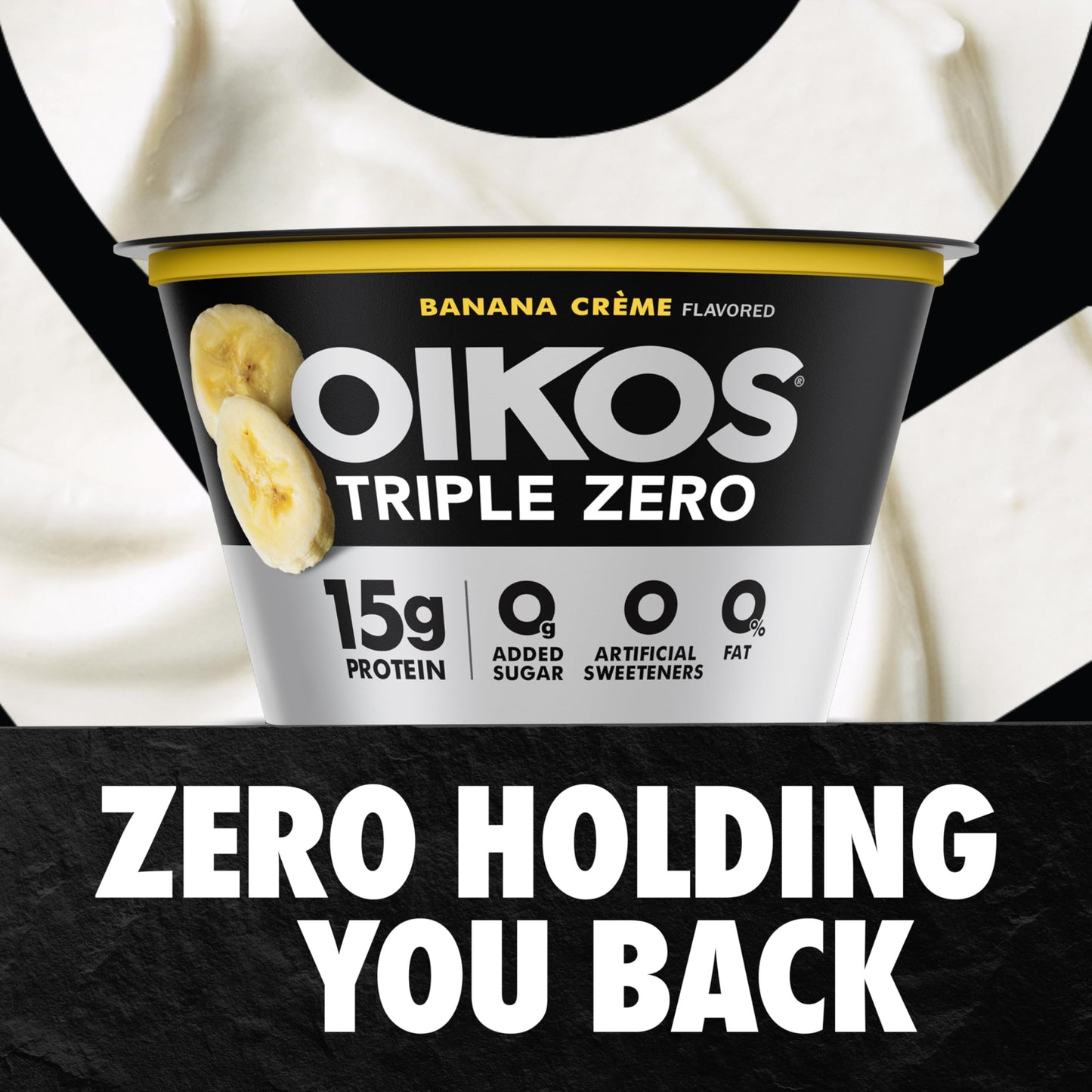 Oikos Triple Zero Banana Creme Nonfat Greek Yogurt, 0% Fat, 0g Added Sugar and 0 Artificial Sweeteners, Just Delicious High Prot