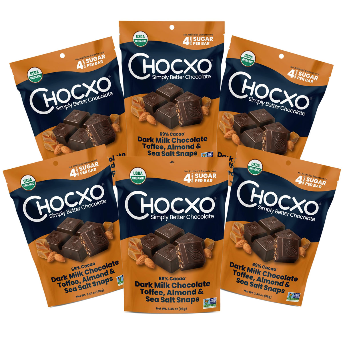 Chocxo Dark Milk Chocolate Toffee  Almond & Sea Salt Snaps - Lower Sugar  69% Organic Cacao  Nongmo  Keto  Gluten Free  Kosher. No Artificial Sweeteners/Sugar Beverage-Styles  3.45 Oz (Pack Of 6)