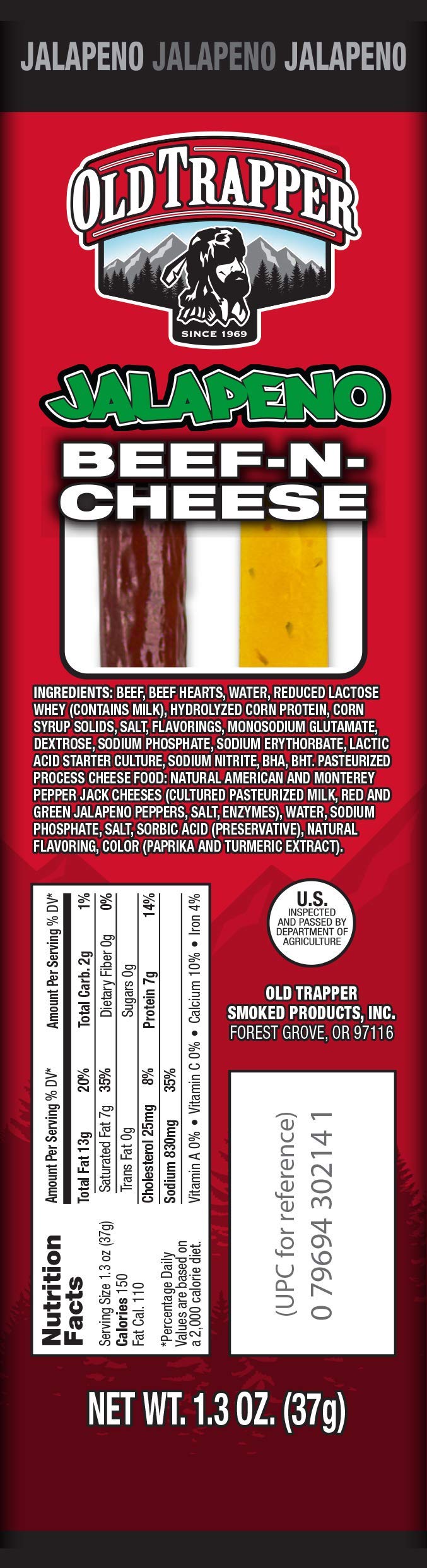 Old Trapper Beef-N-Cheese, Jalapeo Flavor, 1.3-Ounce Individual Package, Spicy And Savory Beef Stick And American Cheese Snack P