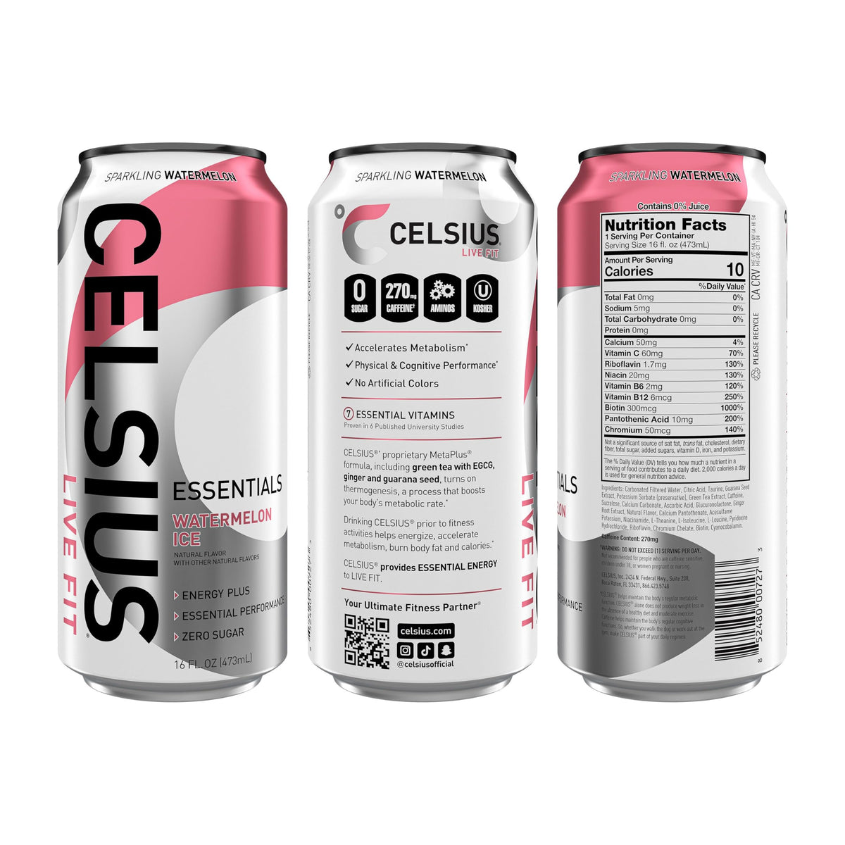 CELSIUS ESSENTIALS Sparkling Watermelon Ice Energy Drink, Sugar Free, 16 Fl Oz (Pack of 12)