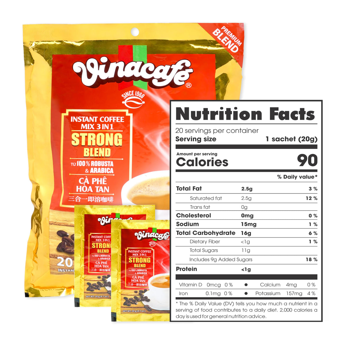 Vinacafe 3 in 1 Instant Coffee Sachets, Strong Rich Blend, 20 Count Pack