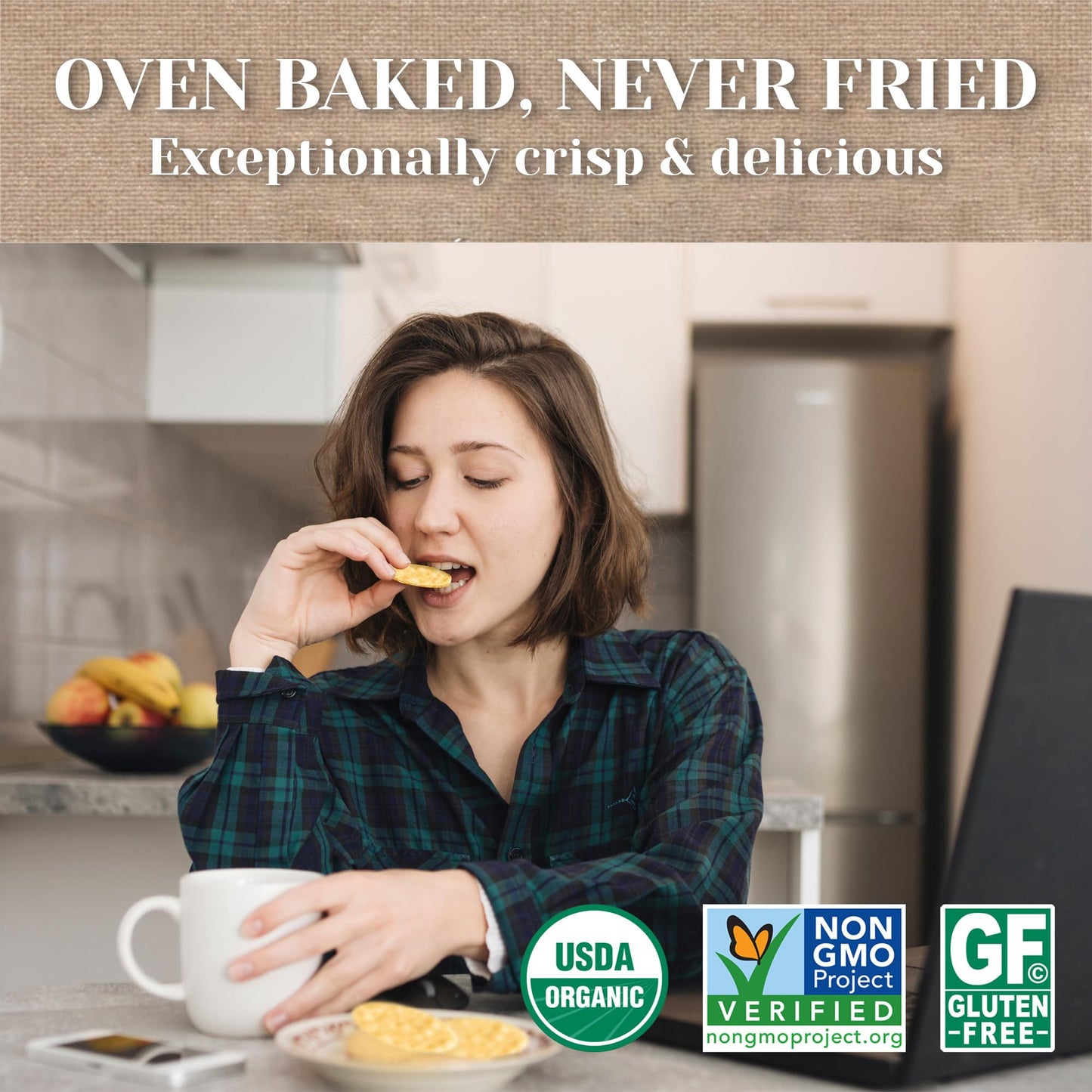 Edward & Sons Organic Toasted Onion Brown Rice Snaps - Oven Baked, Whole Grain, Gluten Free, Low Sodium, Low Fat, Non-GMO Projec