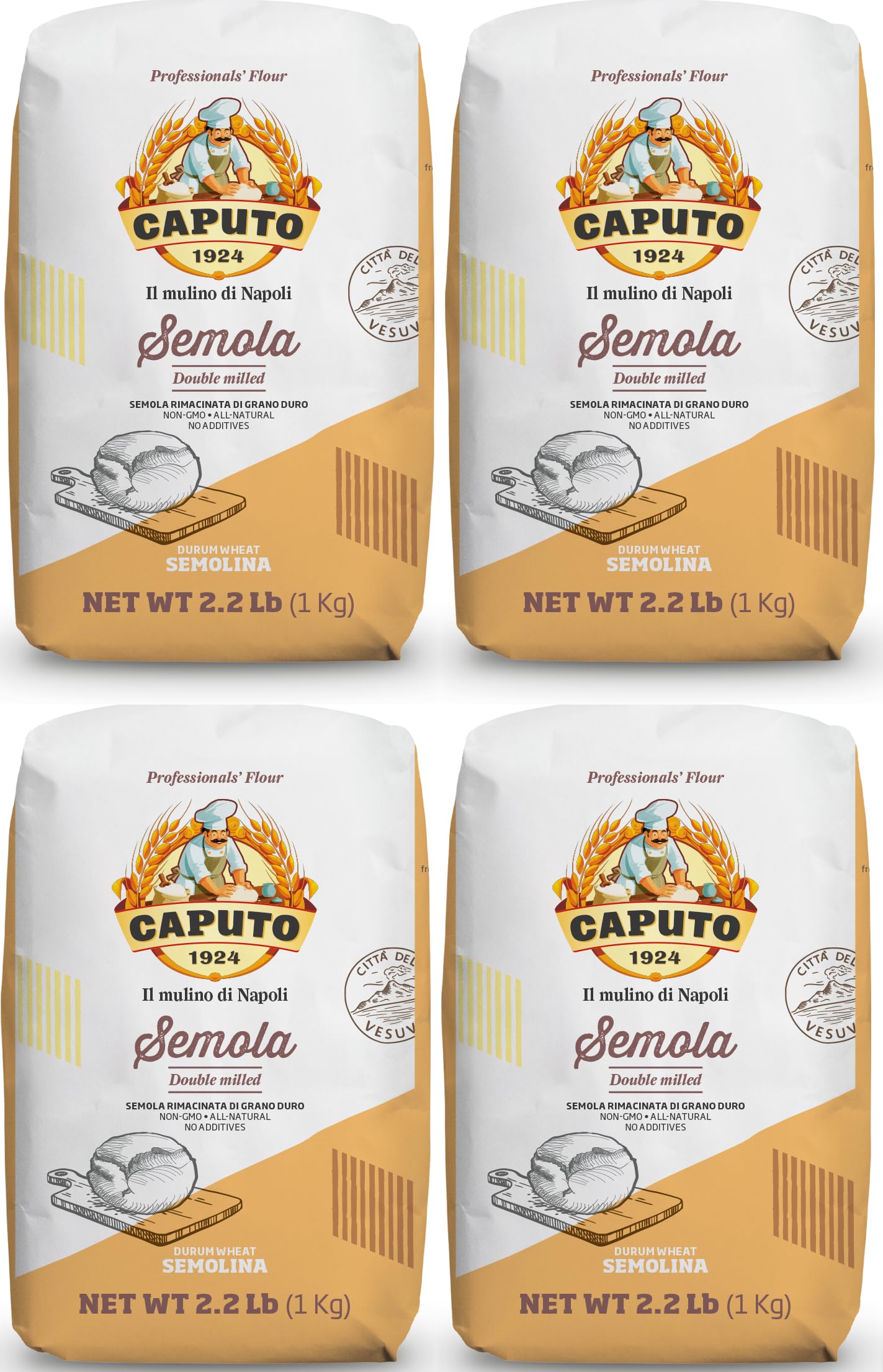 Antimo Caputo Semolina Flour 2.2 LB Bag (Pack of 4) - Semola di Grano Duro, Italian All Natural Flour for Fresh Pasta & Bread Do