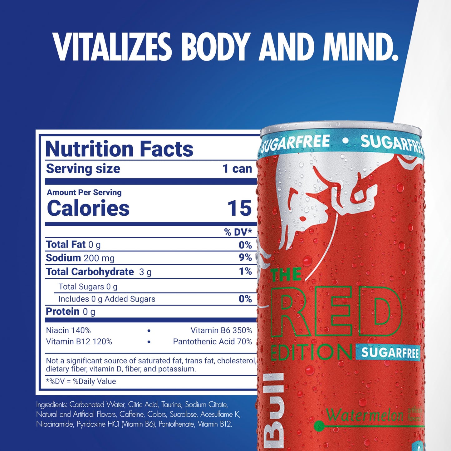 Red Bull Red Edition Sugar Free Energy Drink  Watermelon  with 114mg Caffeine plus Taurine & B Vitamins  12 Fl Oz  Pack of 4 Cans