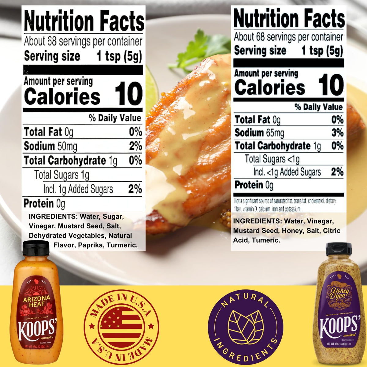 KOOPS' Mustard Variety Pack - Gluten-Free, USDA Organic, 12 Oz (Pack of 10) - Original Yellow, Spicy Brown, Dijon, Honey Mustard