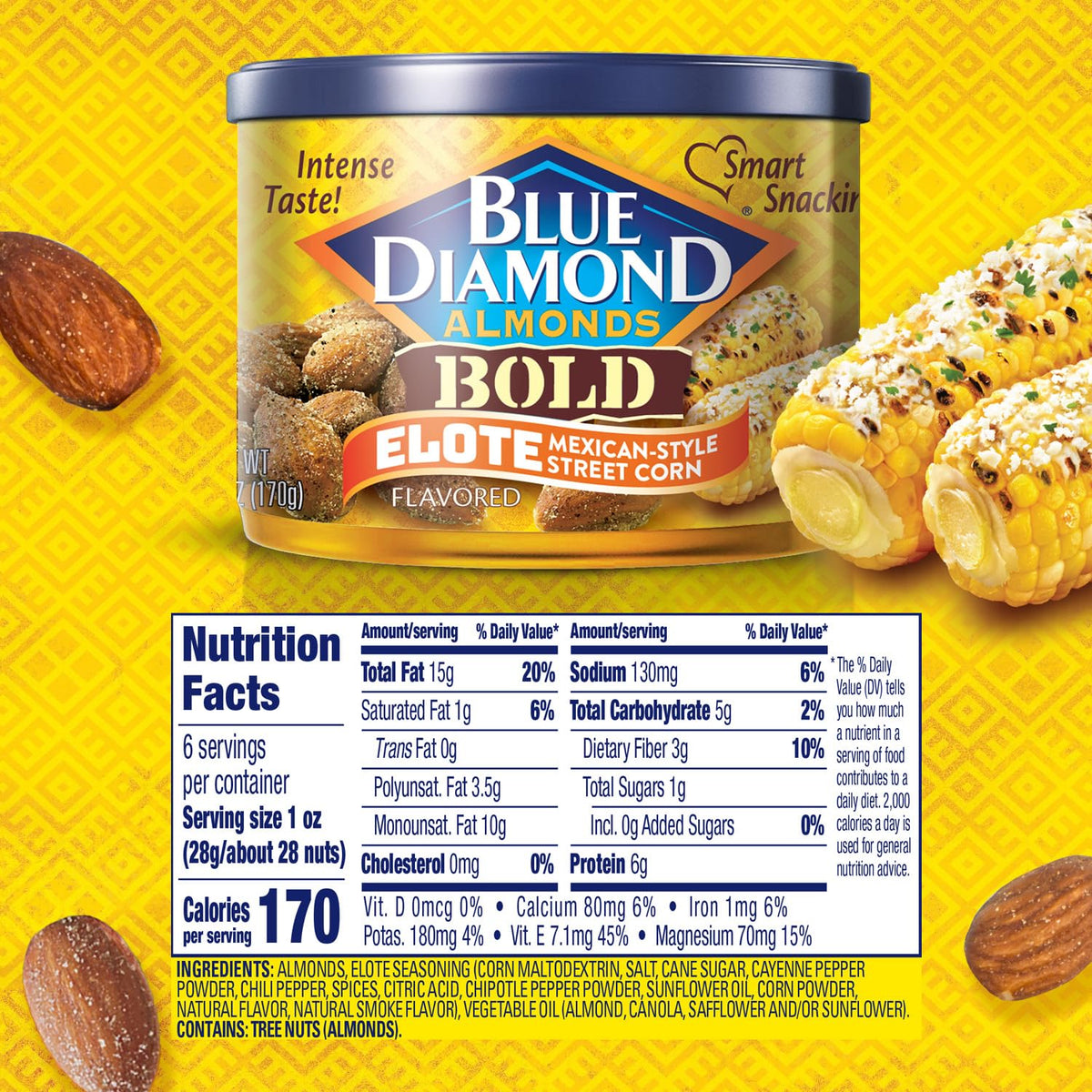 Blue Diamond Almonds, BOLD Elote Mexican Street Corn Flavored Snack Nuts, 6 Ounce Can (Pack of 2)