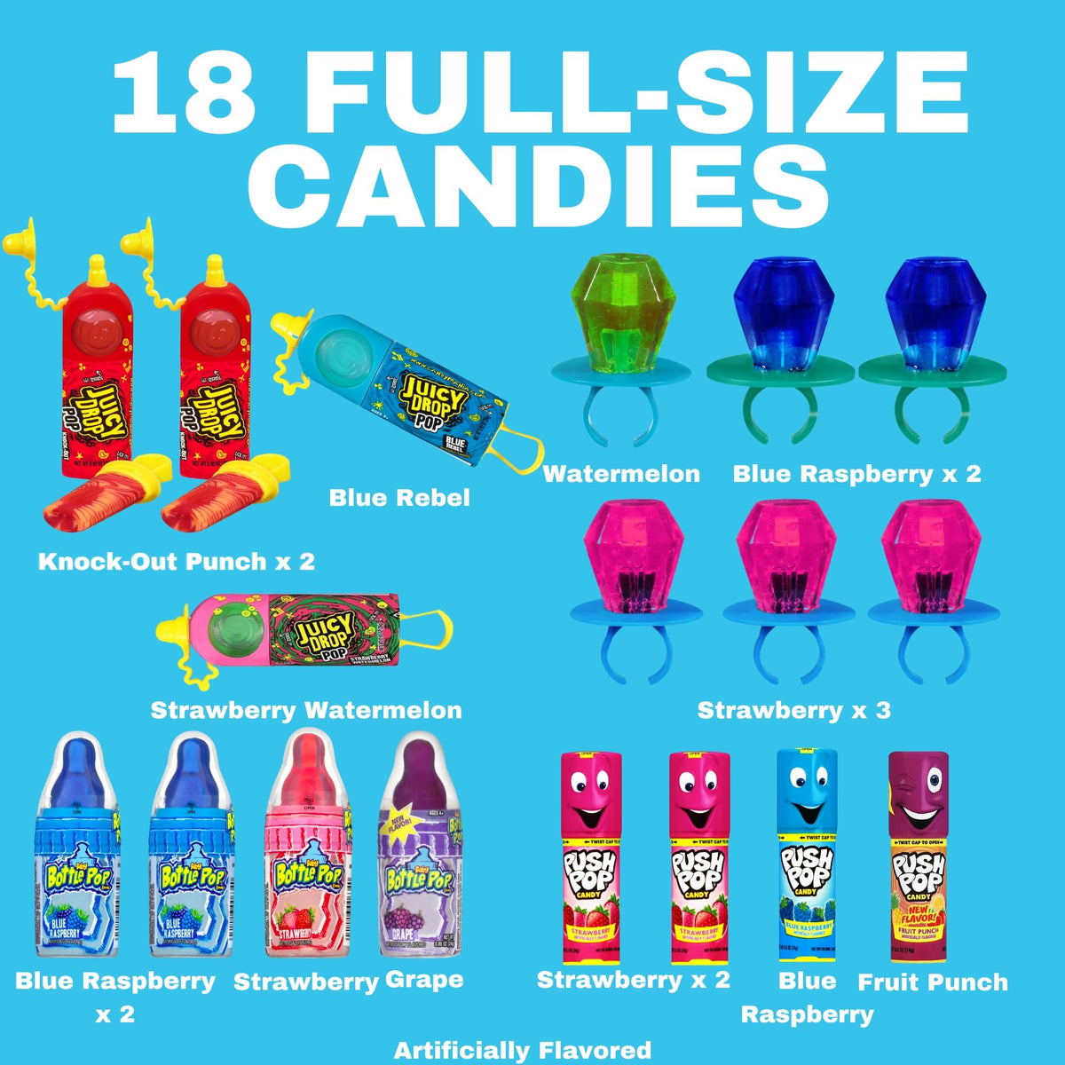 Candy Variety Pack - 18 Count Assorted Lollipops - Ring Pop, Push Pop, Baby Bottle Pop & Juicy Drop - Ideal For Birthdays, Party