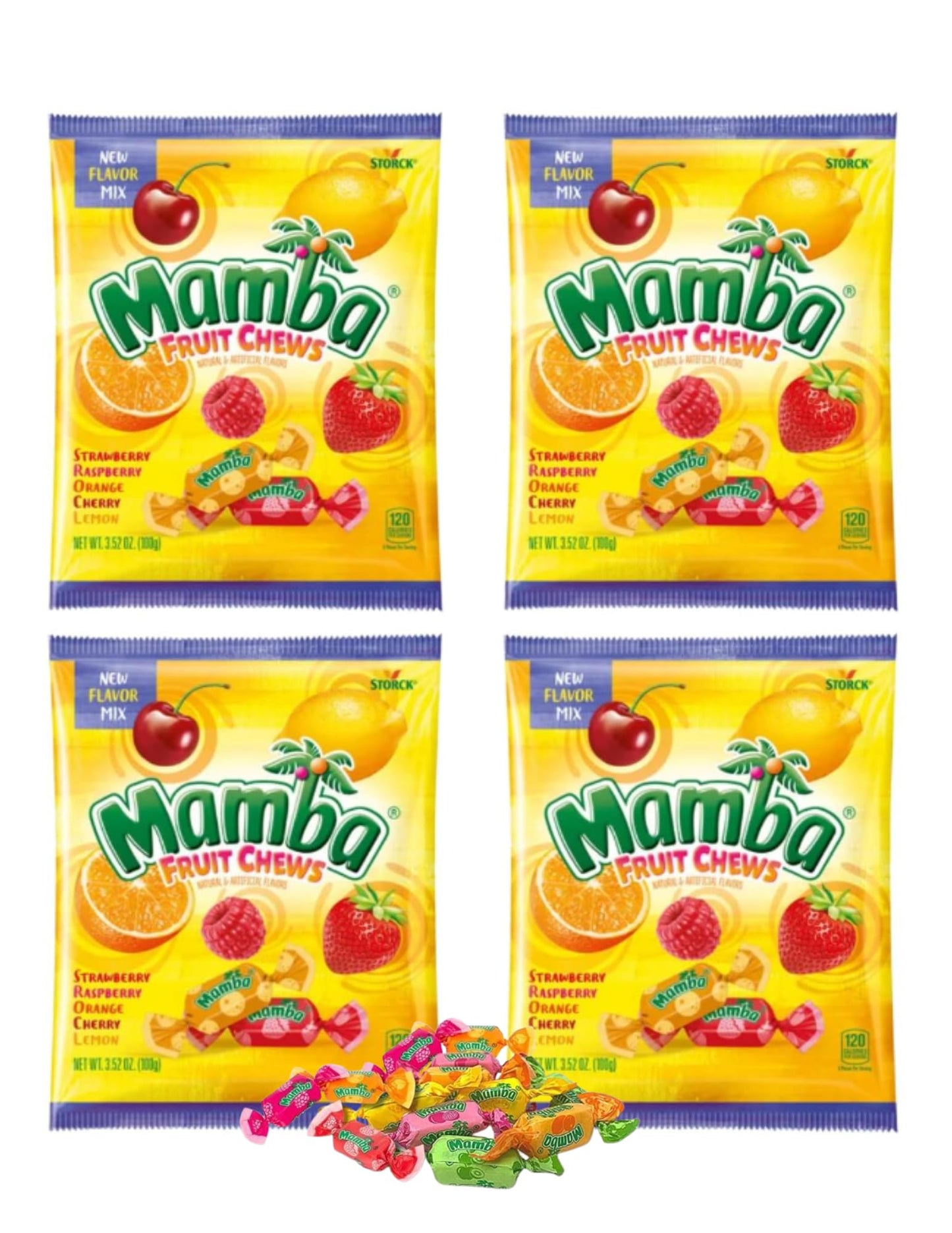 Mamba Fruit Chews Candy - Classic Great Flavors, Chewy, Individually Wrapped and Fresh! 3.52oz bags - 4 packaged by Leathnu Foun
