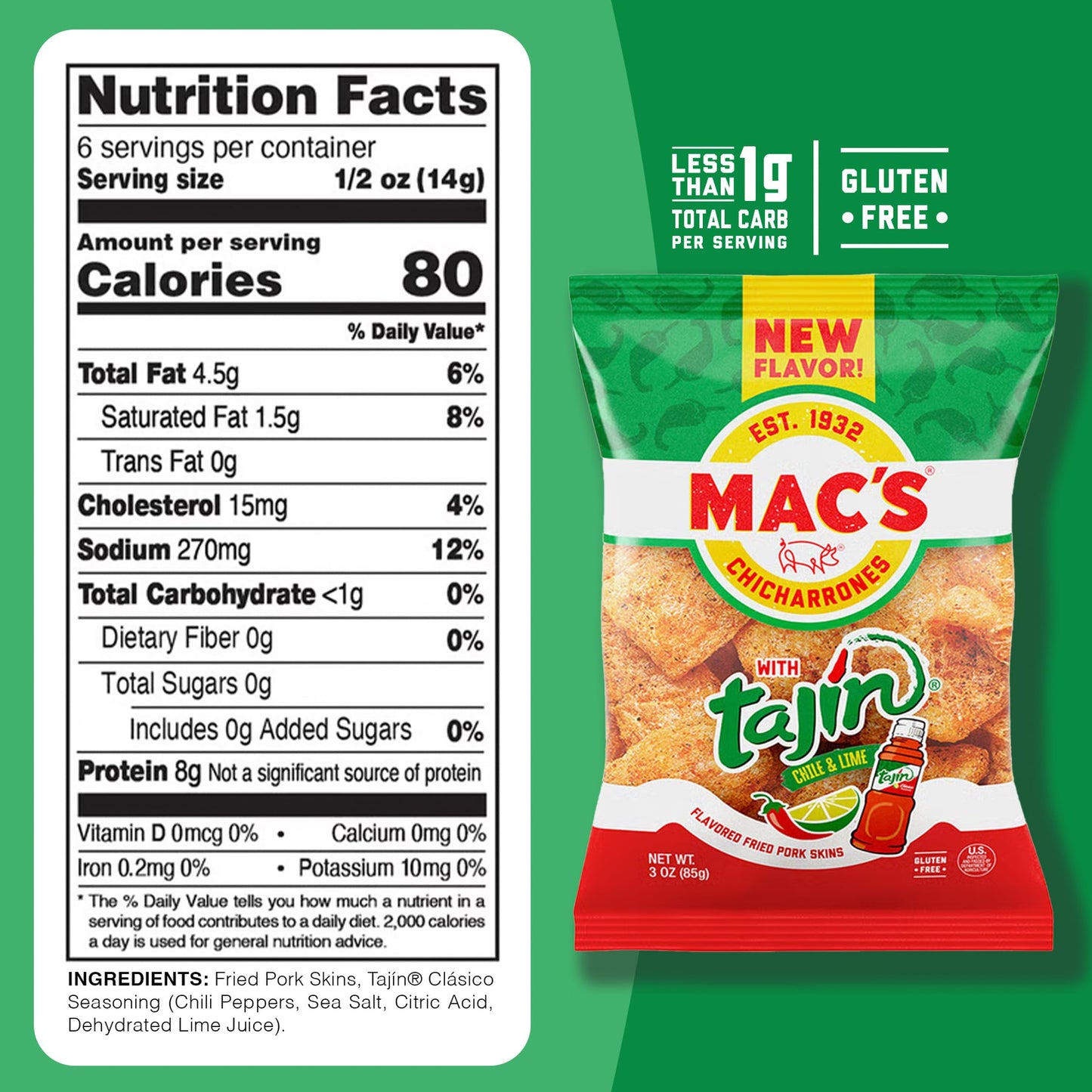 Macs Tajin Chili Lime Fried Pork Skins - Tajin Chili Lime Flavored Chicharrones Pork Rinds - Low Carb, Gluten-Free, Keto-Friend