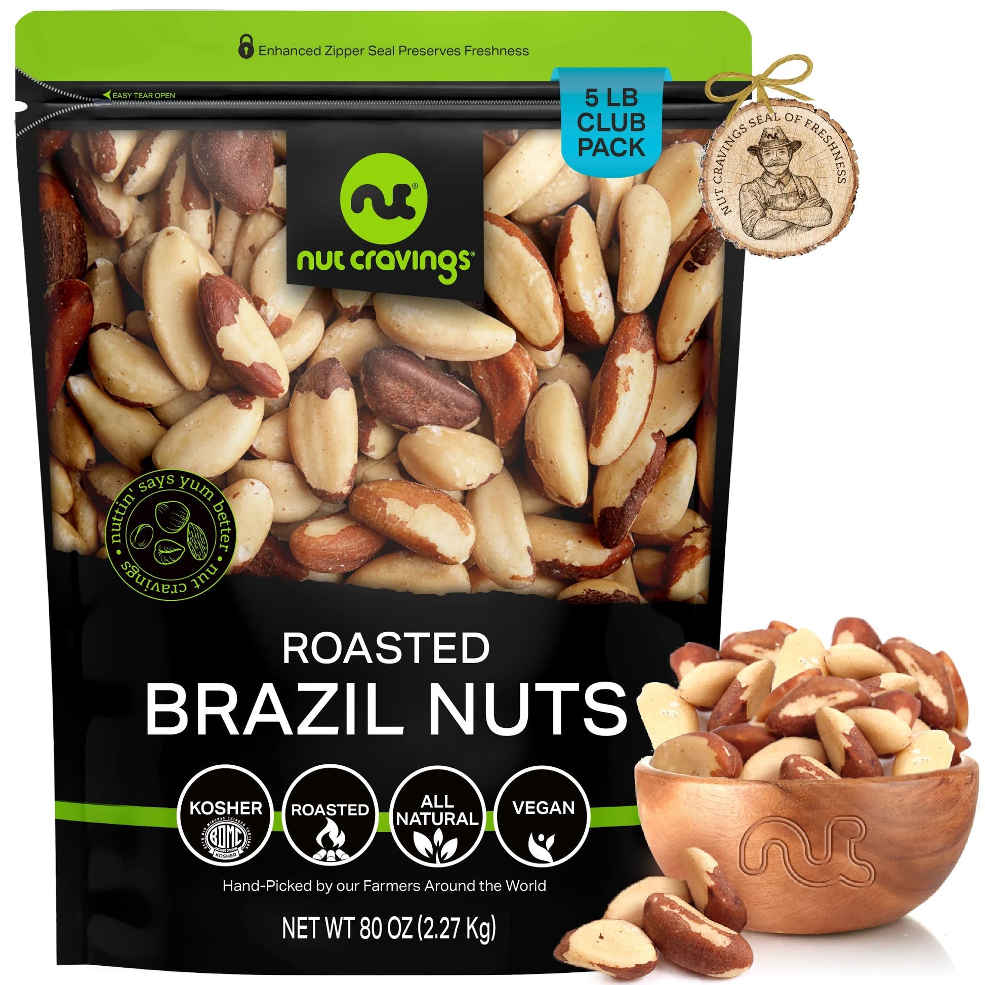 NUT CRAVINGS - Brazil Nuts Roasted & Unsalted - No Shell, Whole (80oz - 5 LB) Bulk Nuts Packed Fresh in Resealable Bag - Healthy