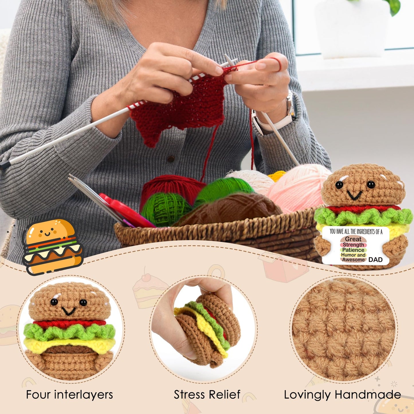 AVBODA Mini Dad Gifts for Birthday Christmas Handmade Crochet Burger for Father Hasband New Daddy Step Bonus Dad First Time Fath