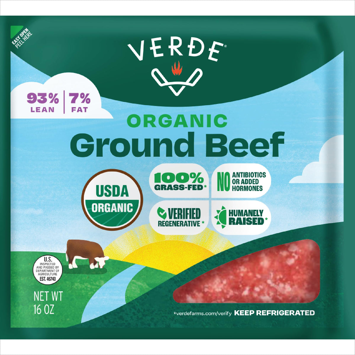 Verde Farms, Ground Beef 93% Lean/7% Fat, Organic, Grass-Fed, 1 lb