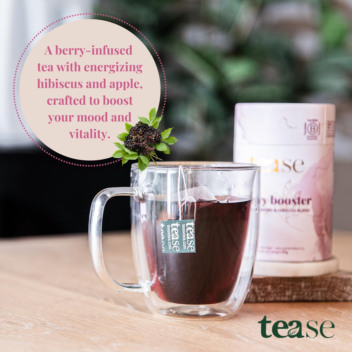 Tease Tea Organic Hibiscus Drink - Berry Booster Elderberry, Caffeine Free Herbal Tea, Made with Hibiscus Petals and Currant