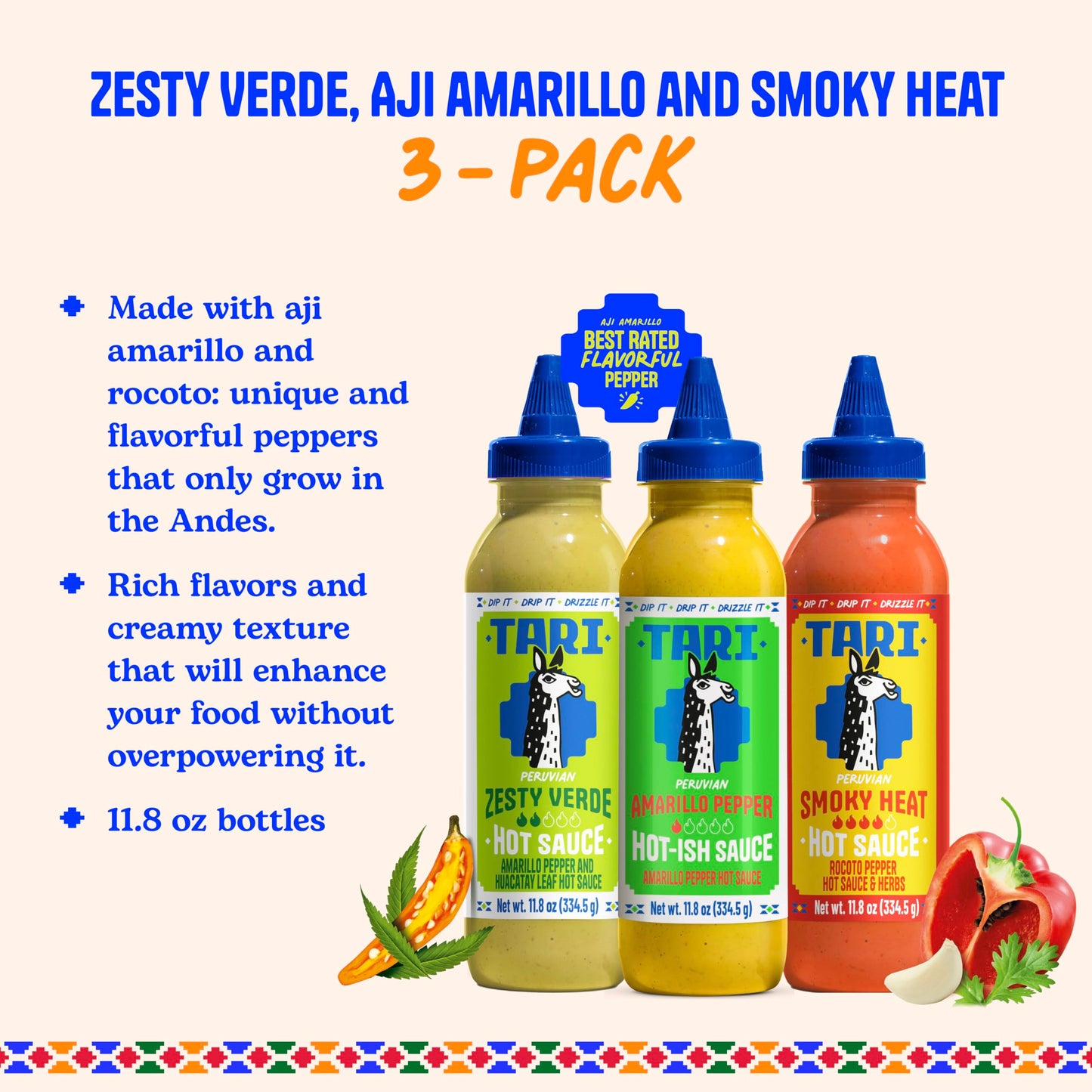 Tari Hot Sauce - Rocoto & Amarillo Pepper Variety Pack - Aji Amarillo + Zesty Verde + Smoky Heat - 11.8oz each (3Pk)