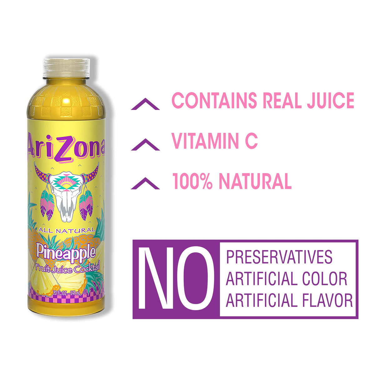 AriZona Pineapple Juice Drink, 20 Fl Oz, Pack of 24, Refreshing Beverage
