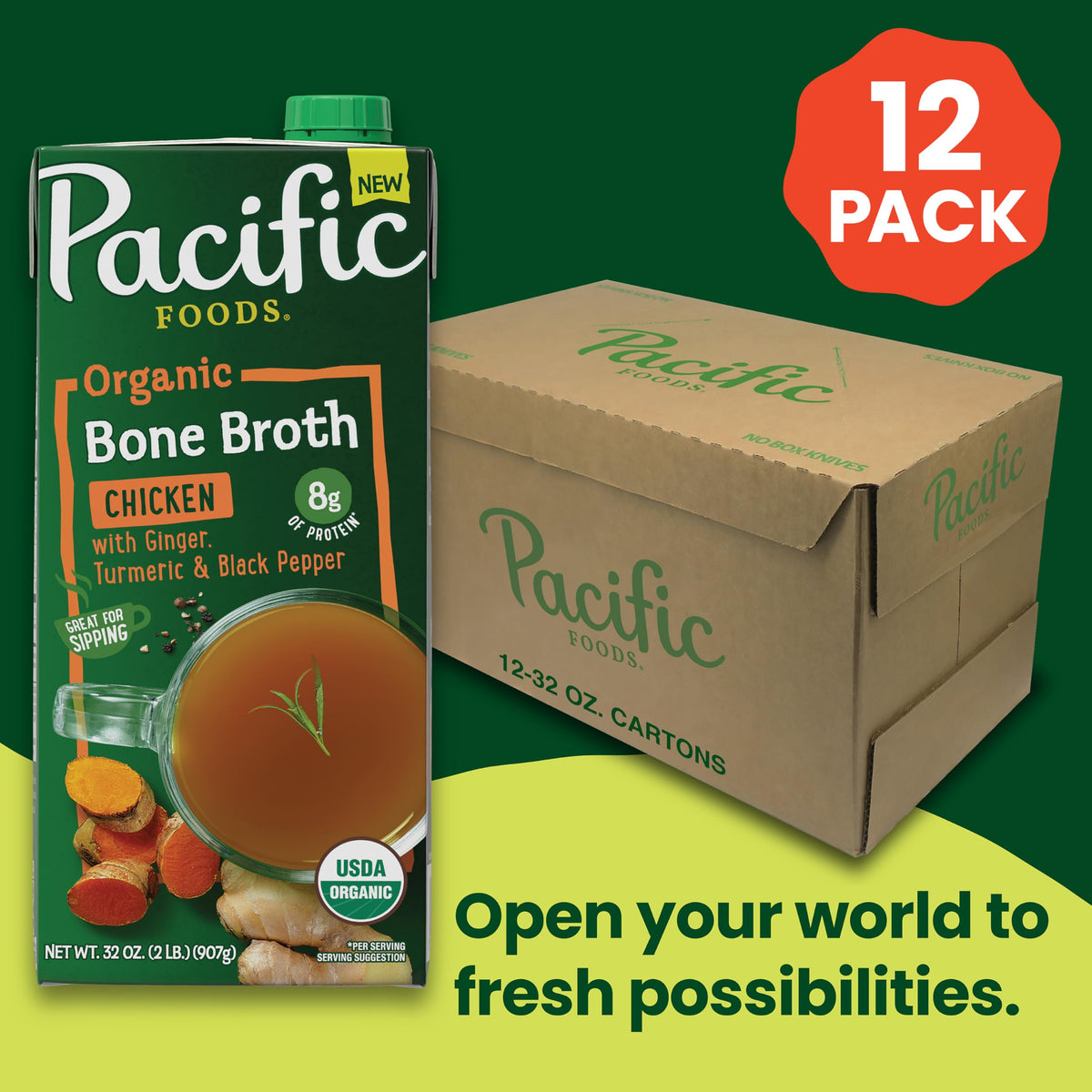 Pacific Foods Organic Chicken Bone Broth With Ginger, Turmeric, And Black Pepper, 32 Oz Carton (12 Pack)