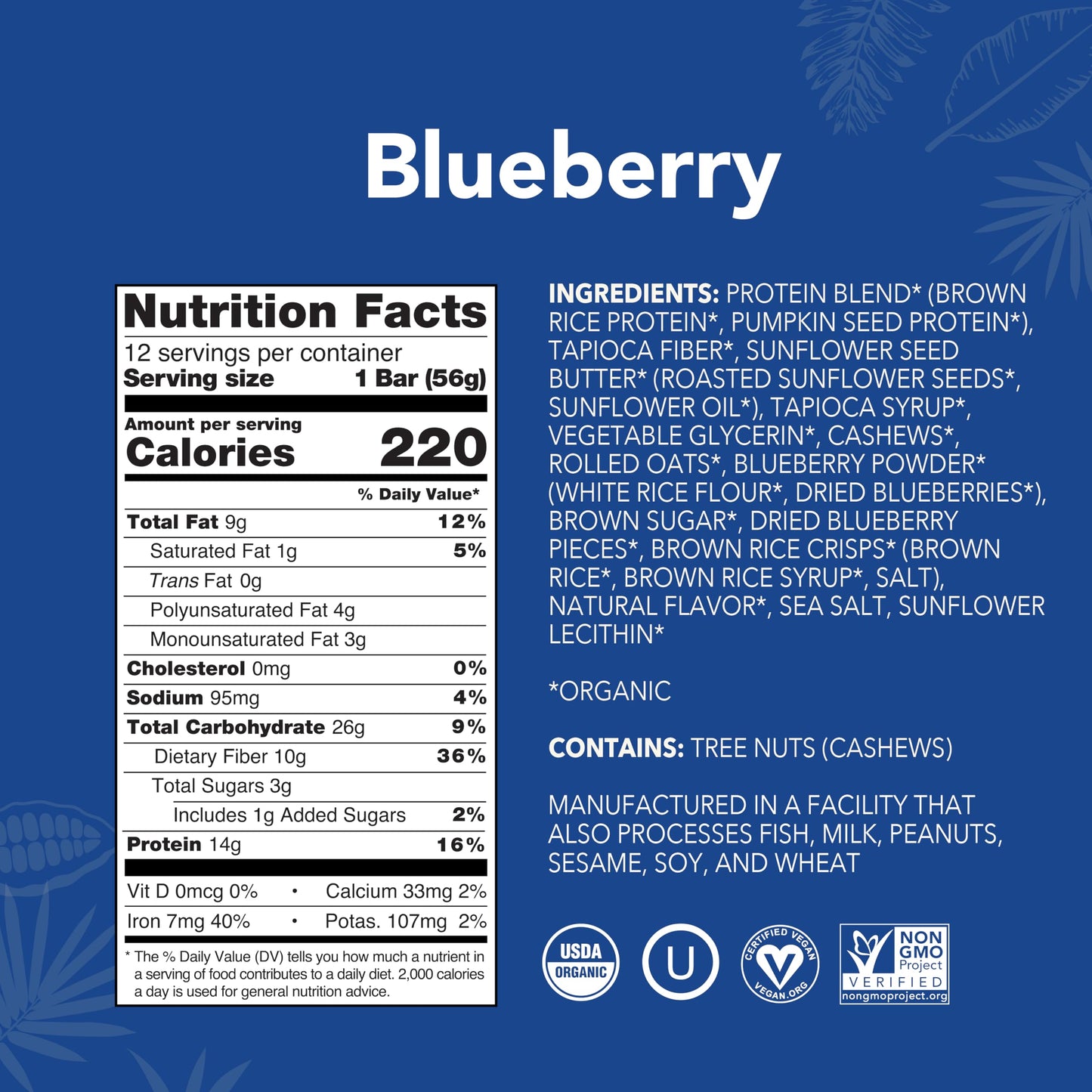 ALOHA Organic Plant Based Protein Bars, Blueberry, Vegan, Low Sugar, Gluten-Free, Low Carb, 12 Count