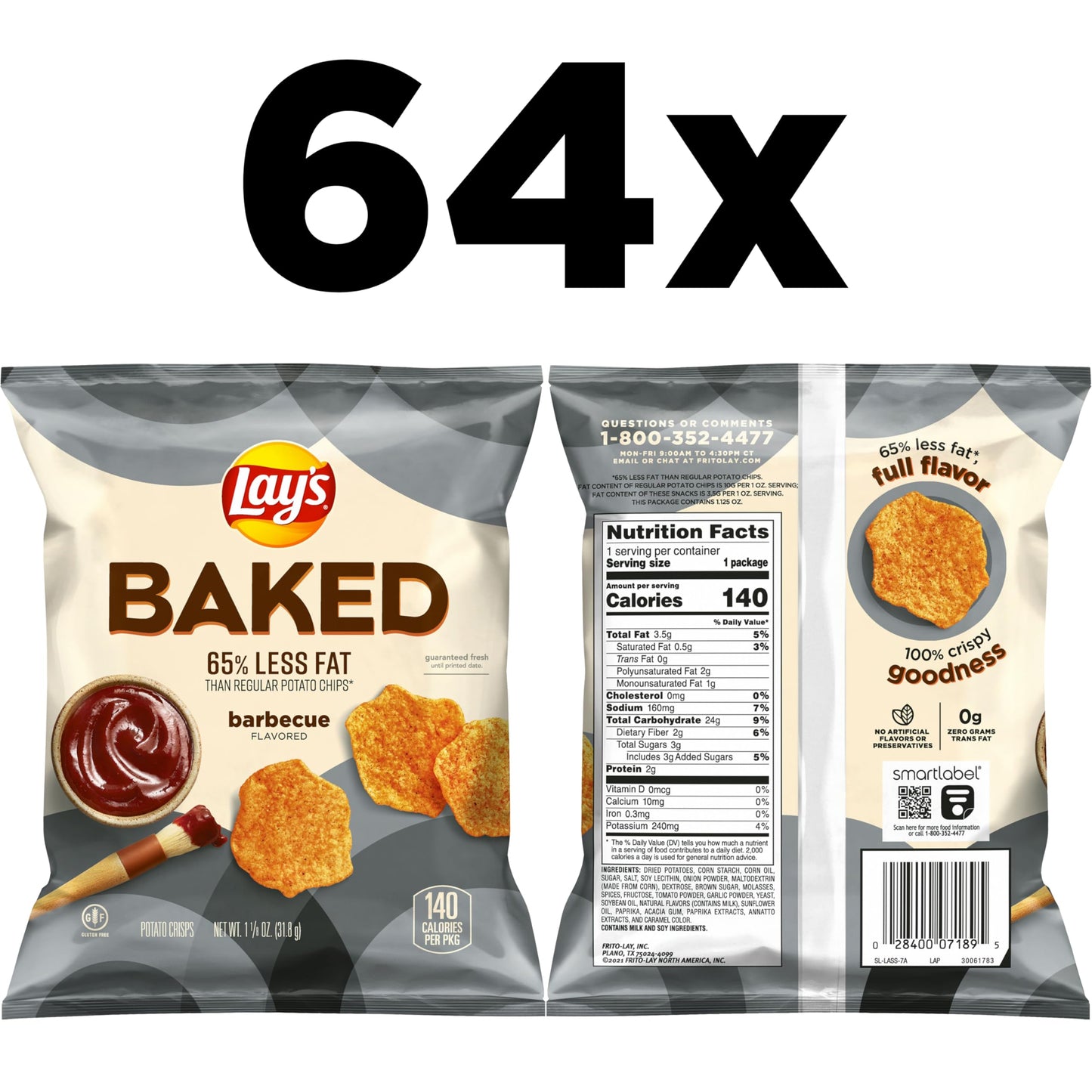 Frito Lay Baked Lay’s Potato Chips, Barbecue Flavor, Gluten Free, 50% Less Fat, 1.125 oz Bags, 64 Pack